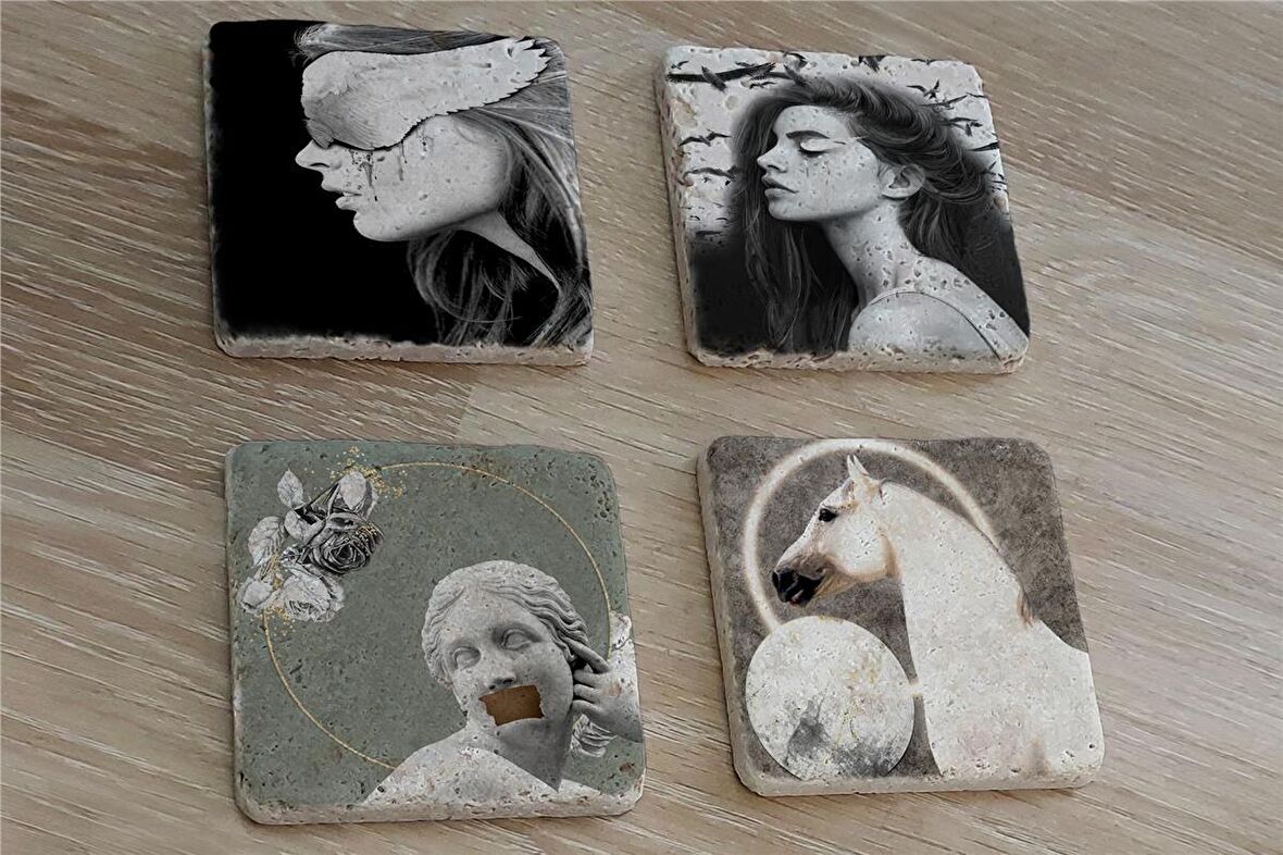 Tasarım Heykel At ve Kadın Portreler Doğal Taş Bardak Altlığı 4'lü set - Natural Stone Coasters