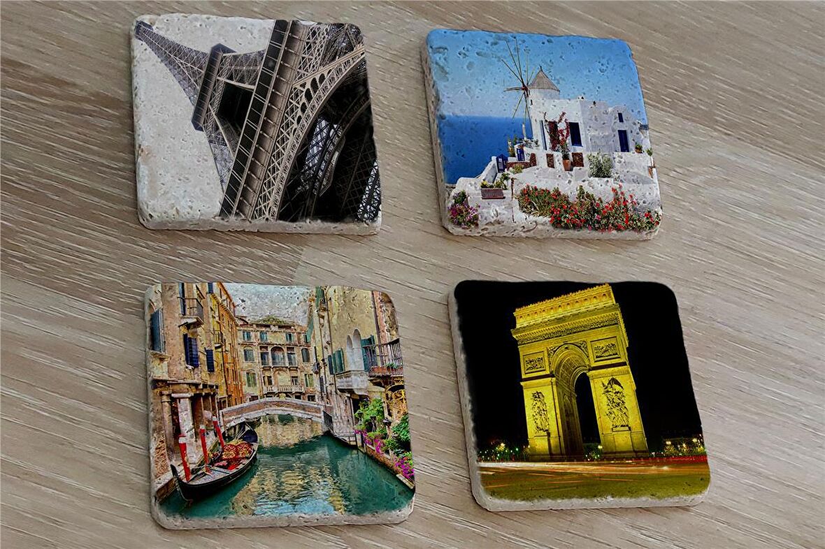 Eyfel Kulesi Santorini Venedik ve Zafer Takı Doğal Taş Bardak Altlığı 4'lü set - Natural Stone Coasters