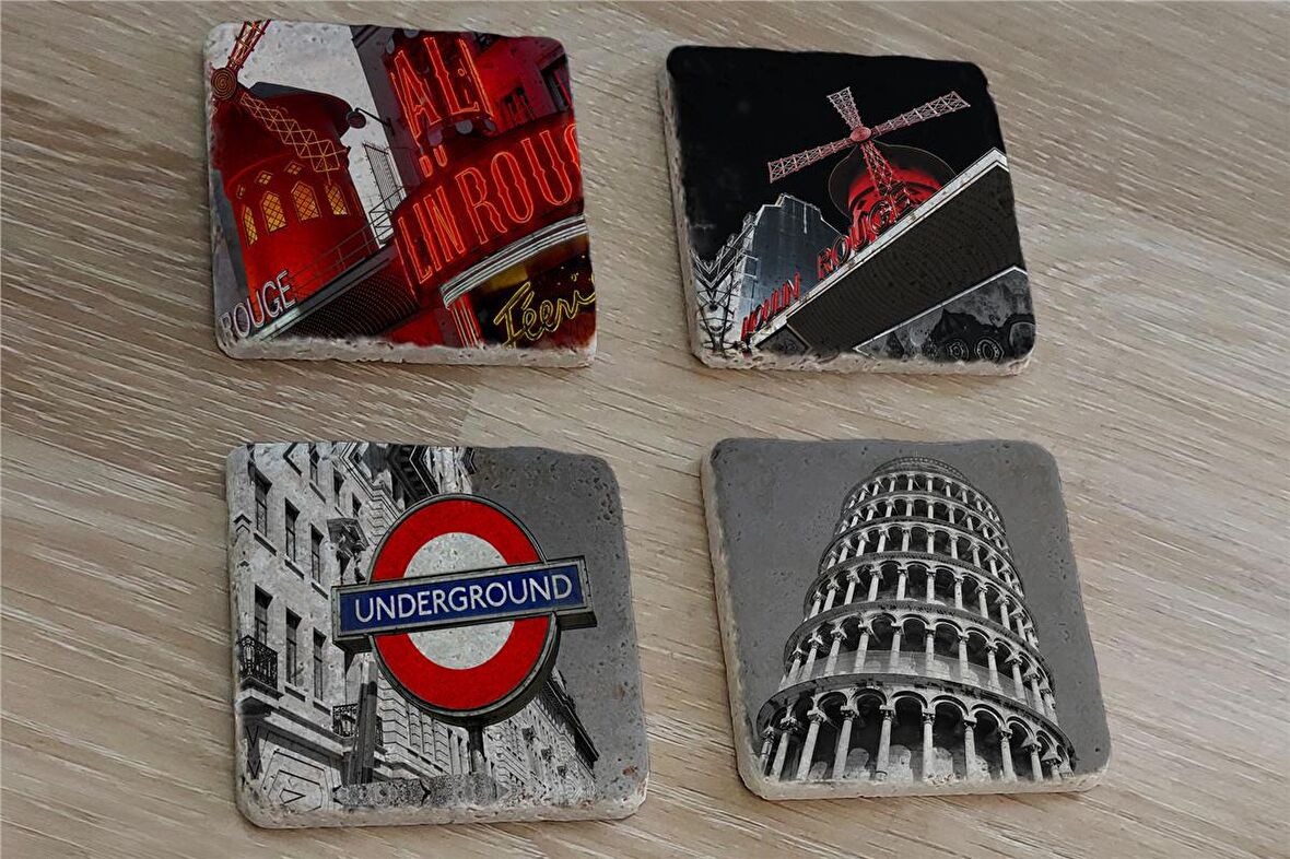 Moulin Rouge Pisa Kulesi ve Londra Metro Girişi Doğal Taş Bardak Altlığı 4'lü set - Natural Stone Coasters