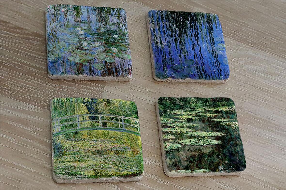 Claude Monet Eserleri Doğal Taş Bardak Altlığı 4'lü set - Natural Stone Coasters