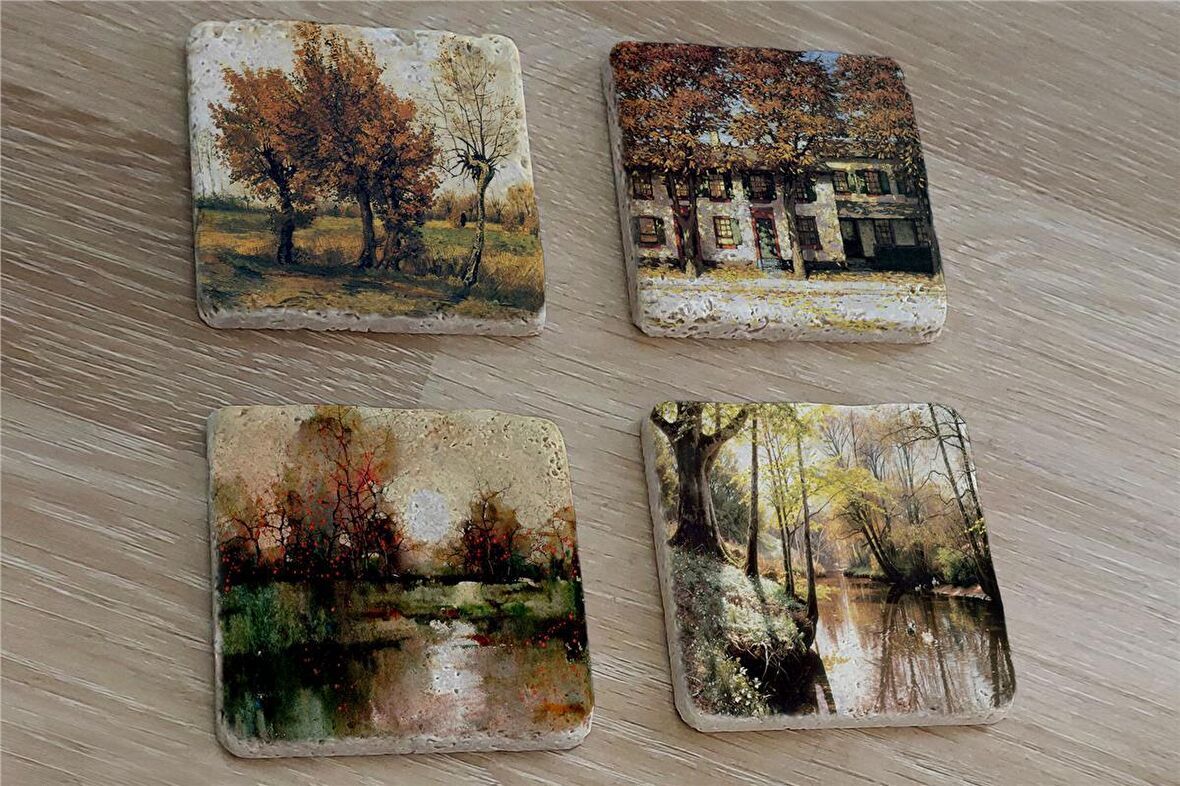 Sonbahar Ağaçlı Manzaralar Doğal Taş Bardak Altlığı 4'lü set - Natural Stone Coasters