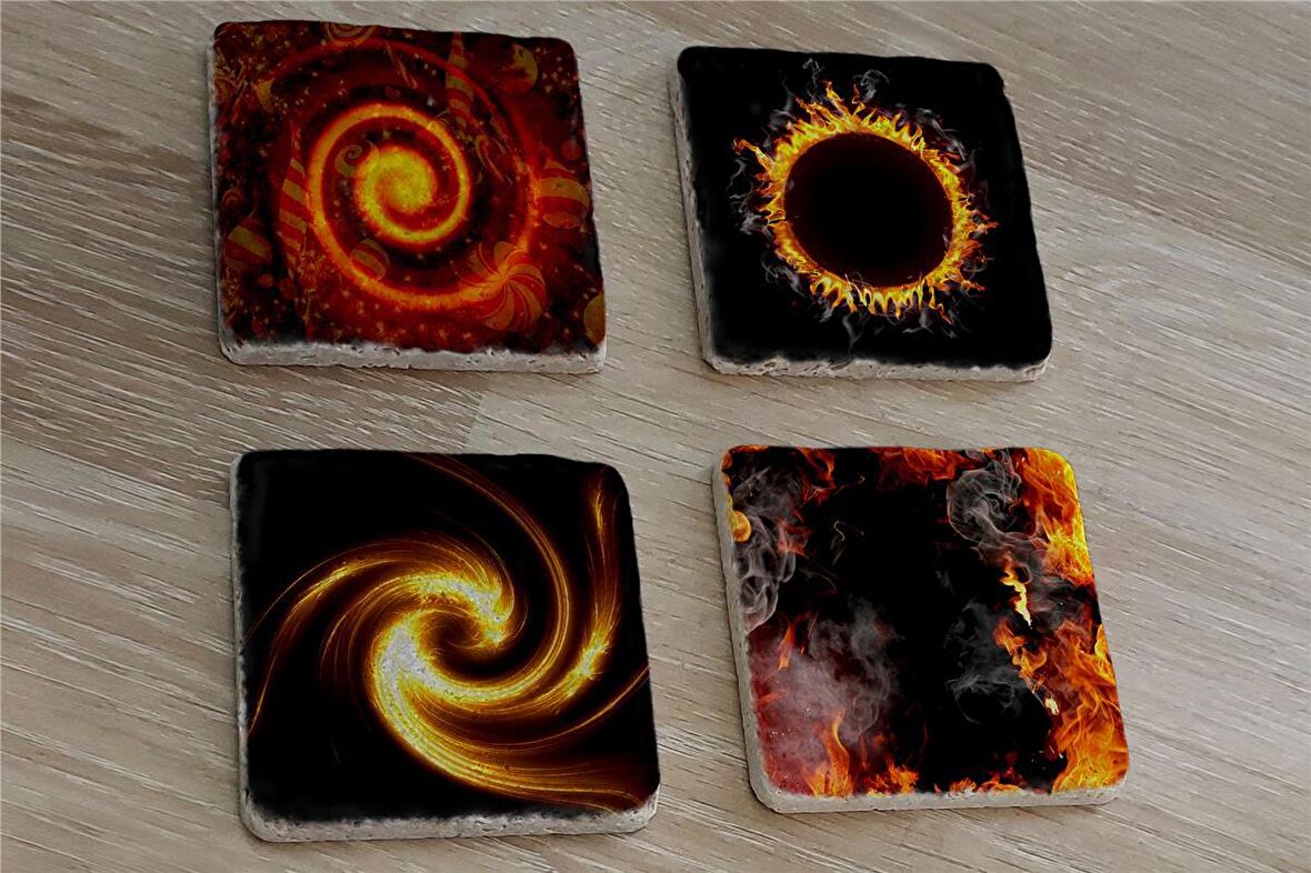 Güneş Tutulması ve Kozmik Görüntüler Doğal Taş Bardak Altlığı 4'lü set - Natural Stone Coasters