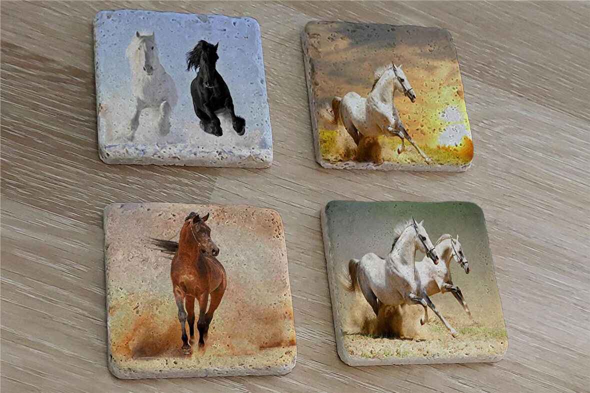 Koşan Atlar Doğal Taş Bardak Altlığı 4'lü set - Natural Stone Coasters