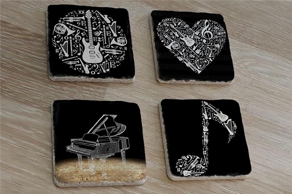 Siyah Beyaz Müzik Görselleri Doğal Taş Bardak Altlığı 4'lü set - Natural Stone Coasters