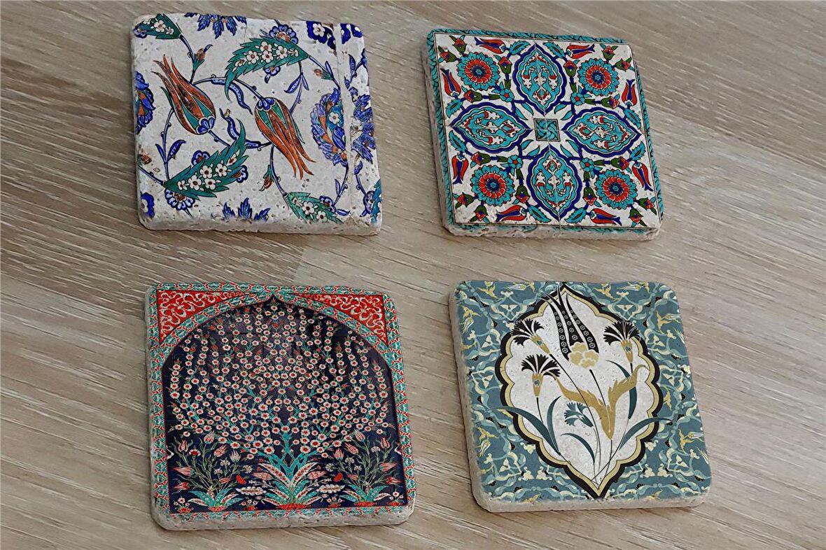 Çini Desenleri Doğal Taş Bardak Altlığı 4'lü set - Natural Stone Coasters