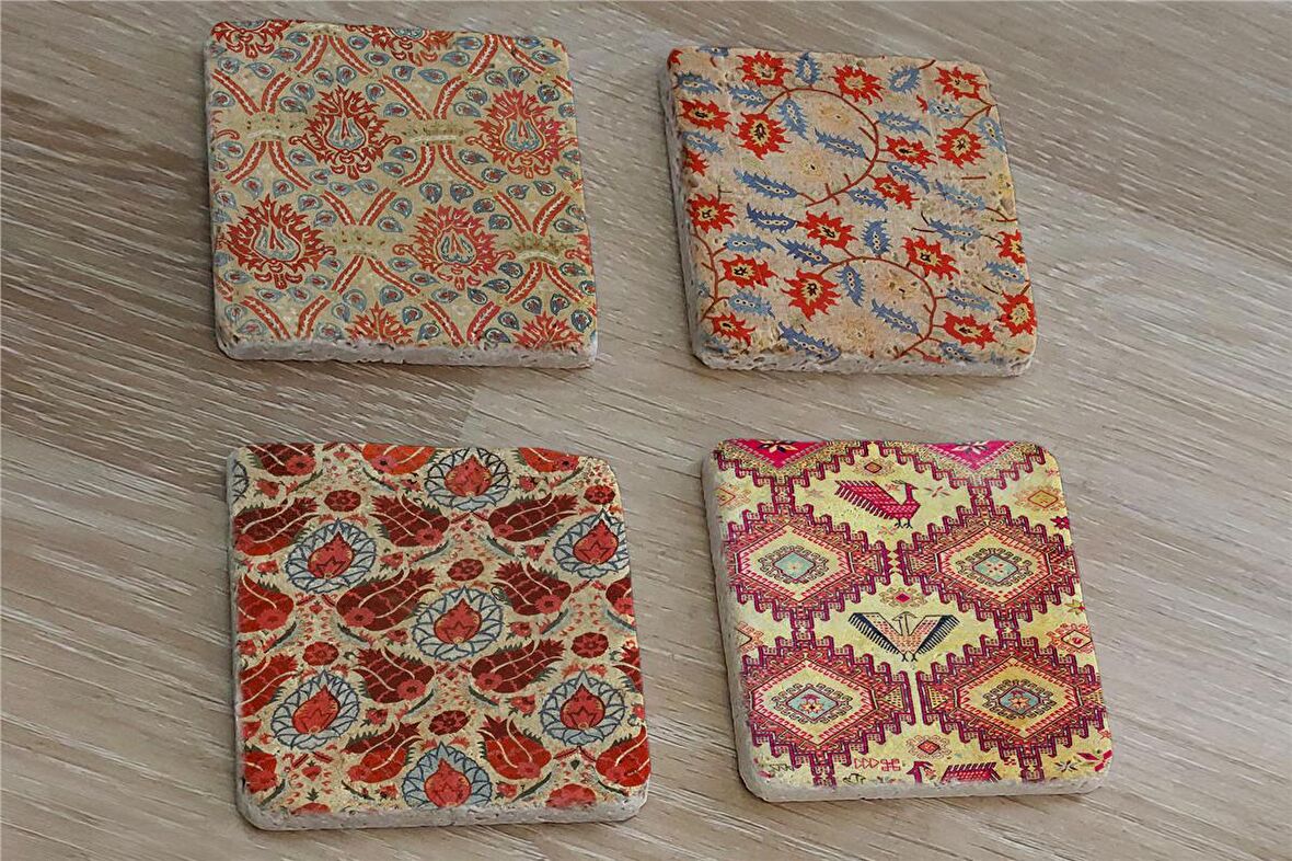 Osmanlı Kumaş Desenleri Doğal Taş Bardak Altlığı 4'lü set - Natural Stone Coasters