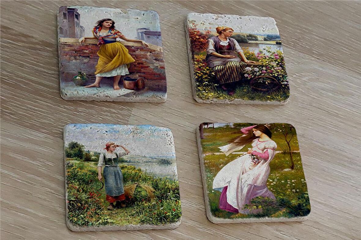 Çingene Kızı ve Kadınlar Doğal Taş Bardak Altlığı 4'lü set - Natural Stone Coasters