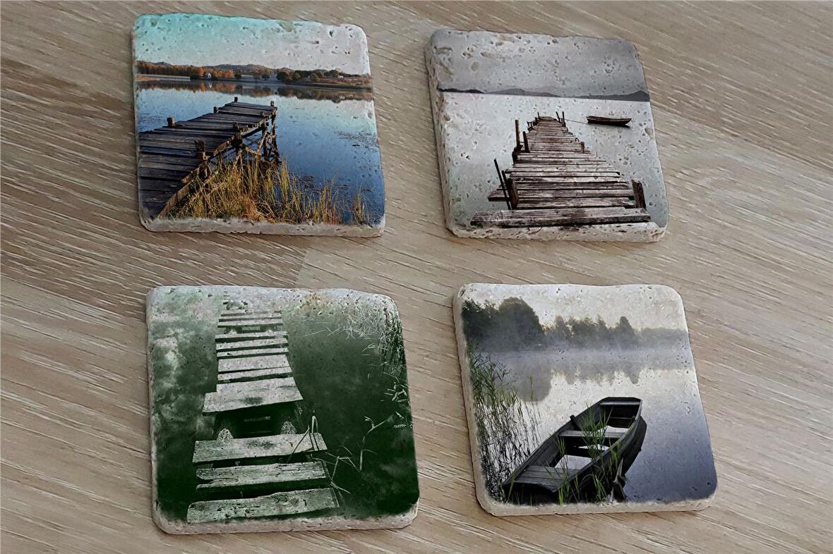 Gölde İskele ve Kayık Manzaraları Doğal Taş Bardak Altlığı 4'lü set - Natural Stone Coasters