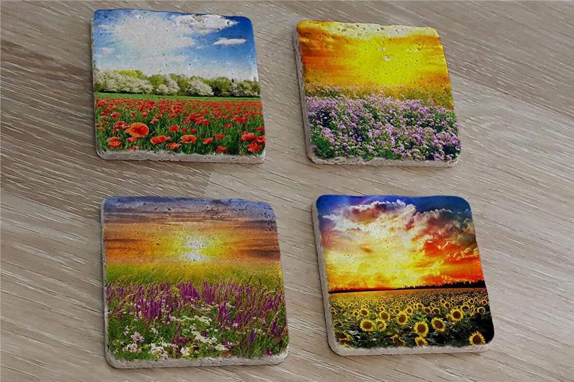 Bahar Çiçekleri Doğal Taş Bardak Altlığı 4'lü set - Natural Stone Coasters