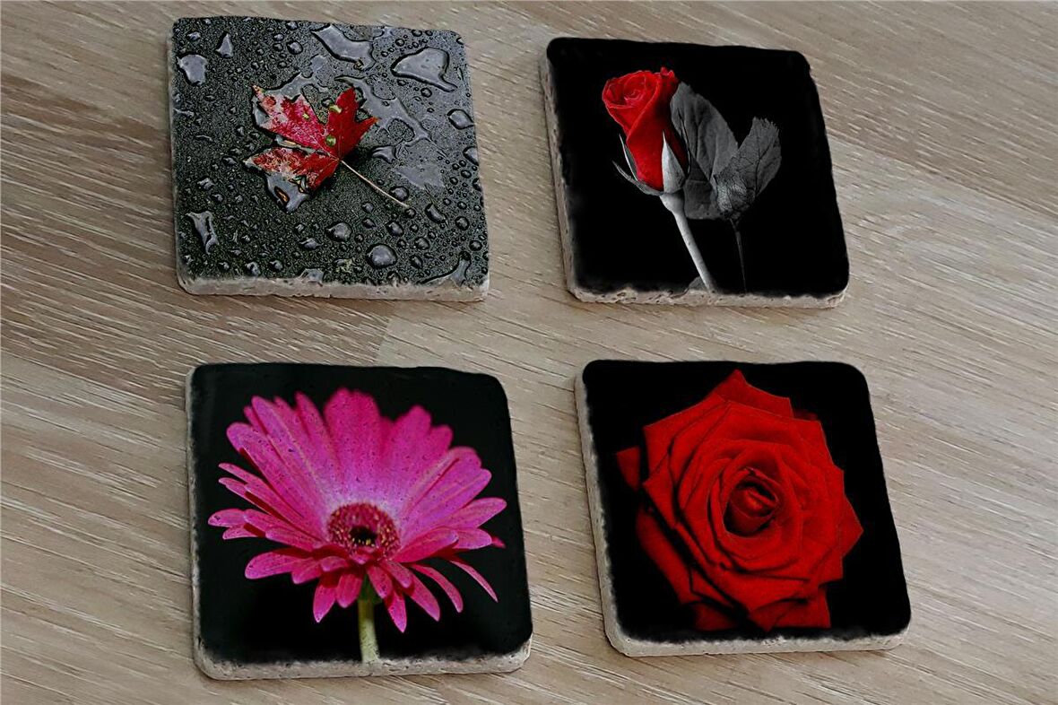 Kırmızı Gül ve Gerbera Doğal Taş Bardak Altlığı 4'lü set - Natural Stone Coasters