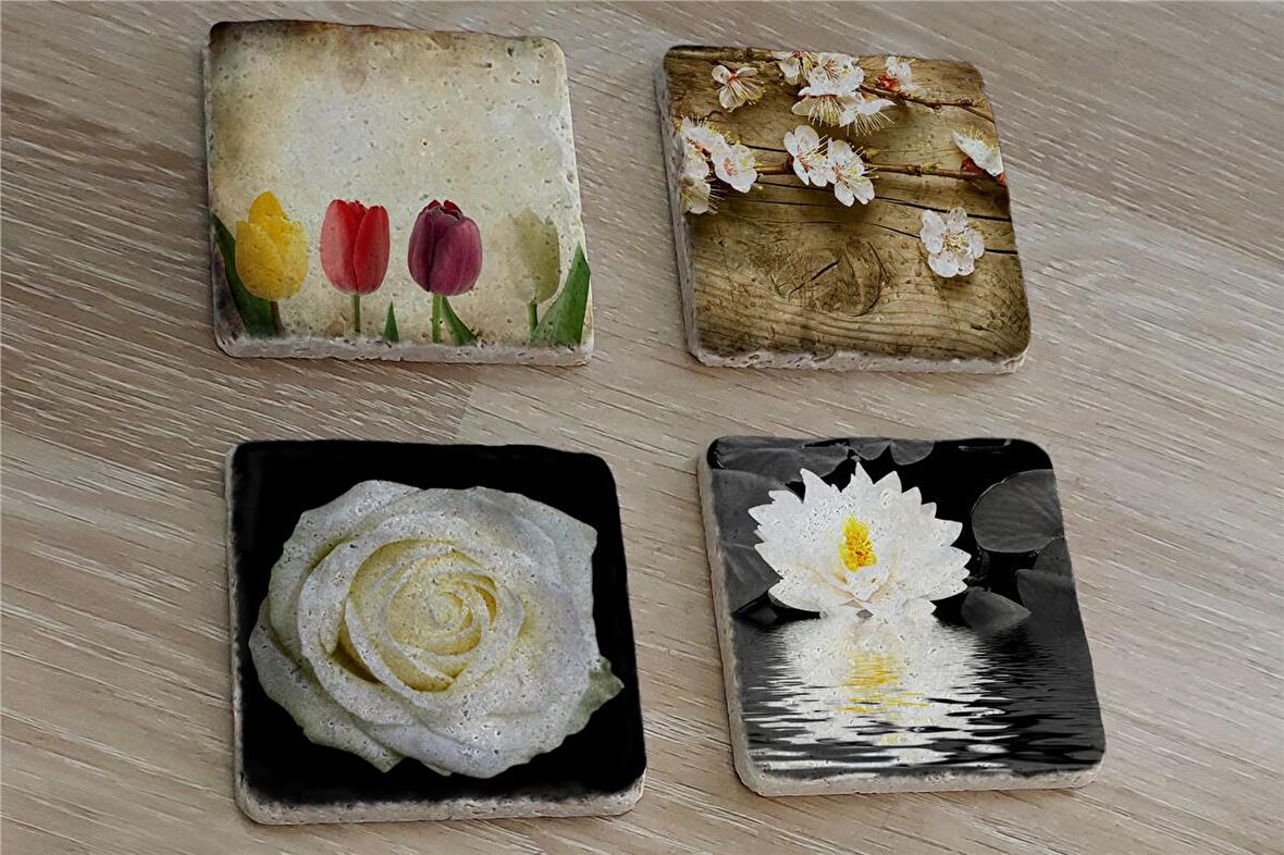 Renkli Laleler ve Çiçekler Doğal Taş Bardak Altlığı 4'lü set - Natural Stone Coasters