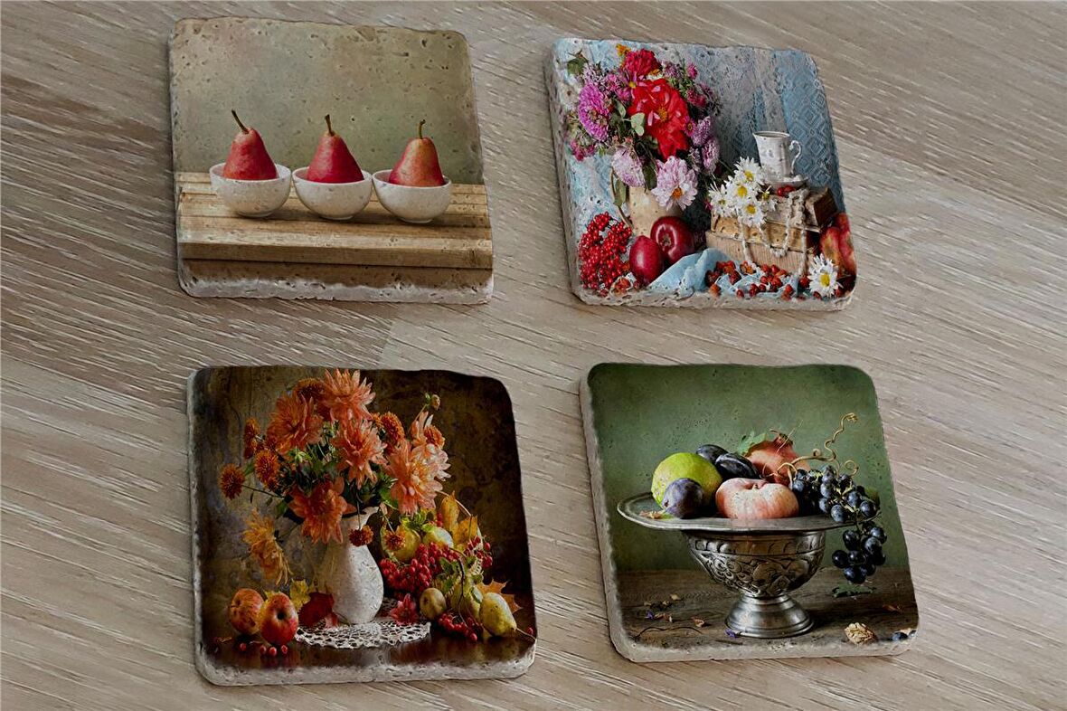 Armut Meyveler ve Çiçekler Doğal Taş Bardak Altlığı 4'lü set - Natural Stone Coasters