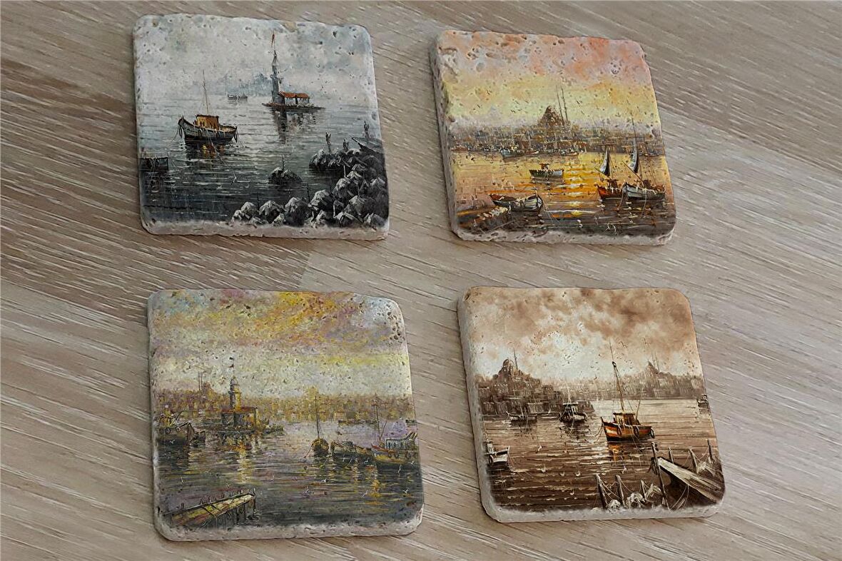 İstanbul Manzaraları Doğal Taş Bardak Altlığı 4'lü set - Natural Stone Coasters