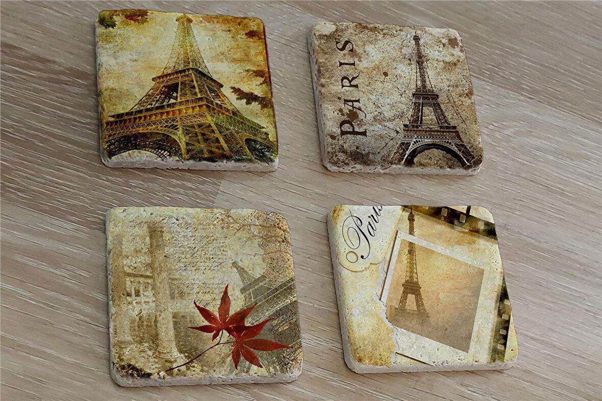 Kolaj Eyfel ve Paris Doğal Taş Bardak Altlığı 4'lü set - Natural Stone Coasters