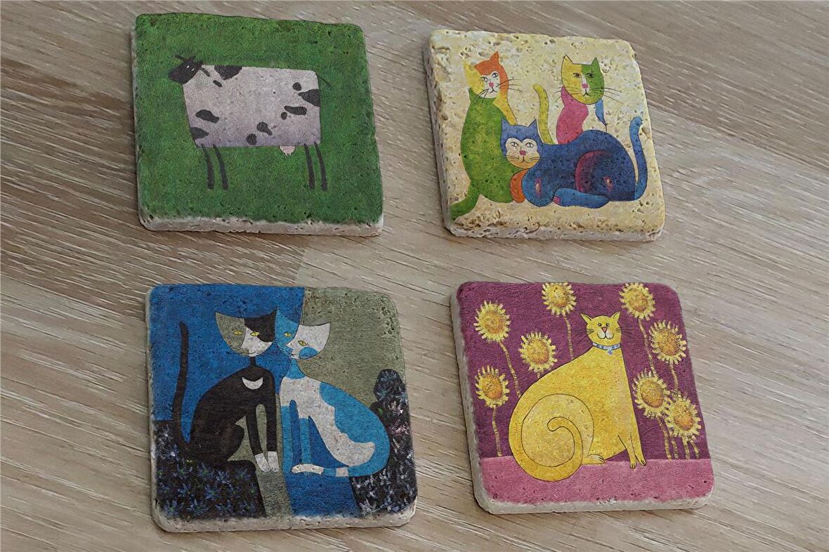 Sevimli Kediler ve İnek Doğal Taş Bardak Altlığı 4'lü set - Natural Stone Coasters