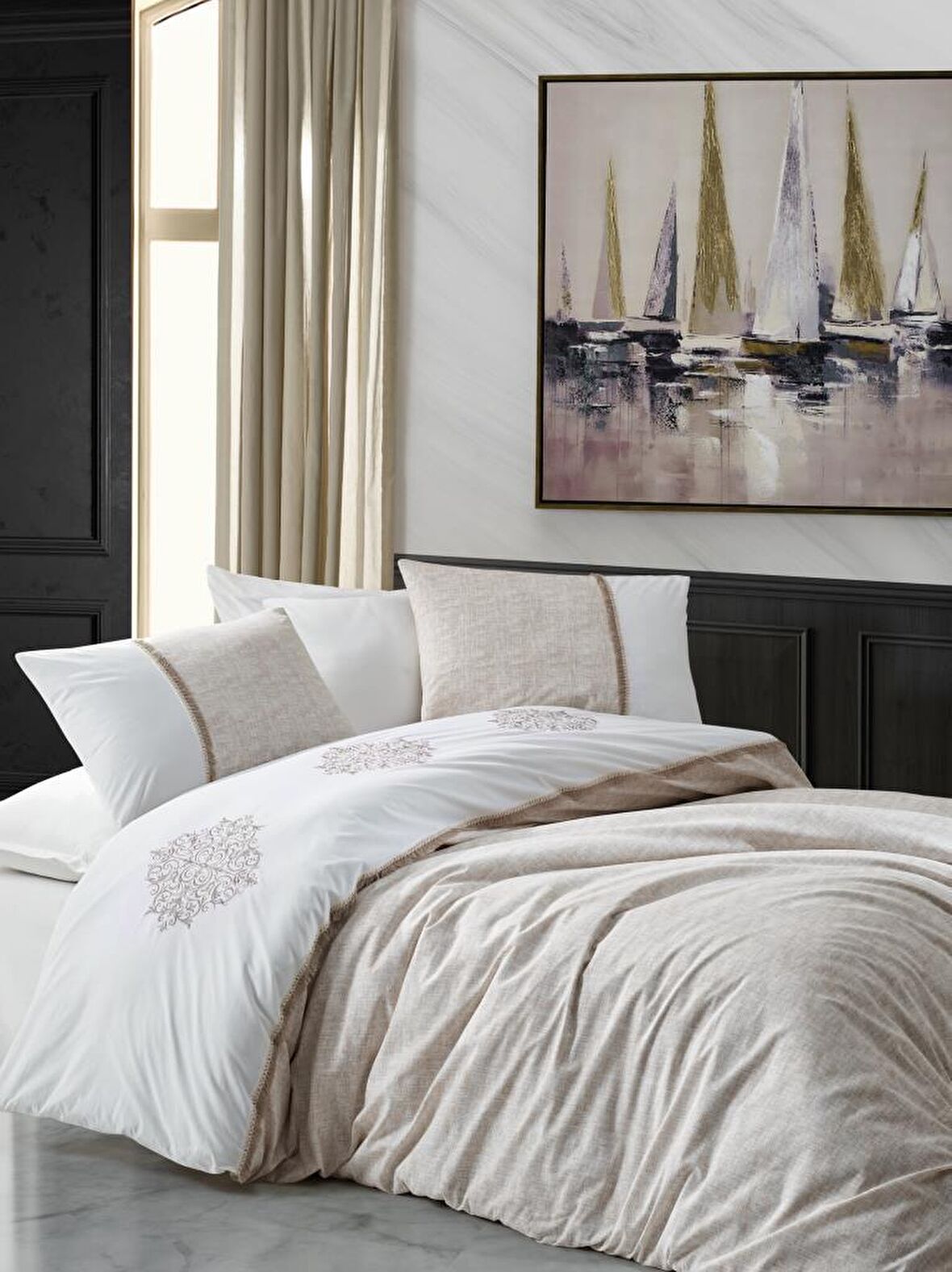 Cotton Box Brode Düz Pamuk Çift Kişilik Nevresim Takımı