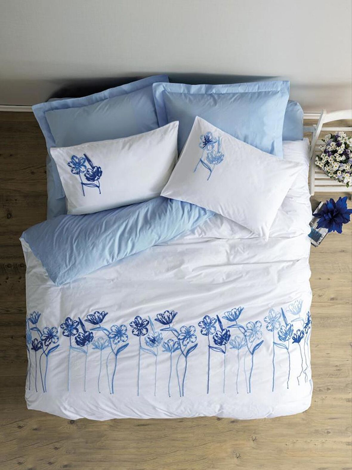 Cotton Box Brode Ranforce Çift Kişilik Nevresim Takımı Onella Mavi