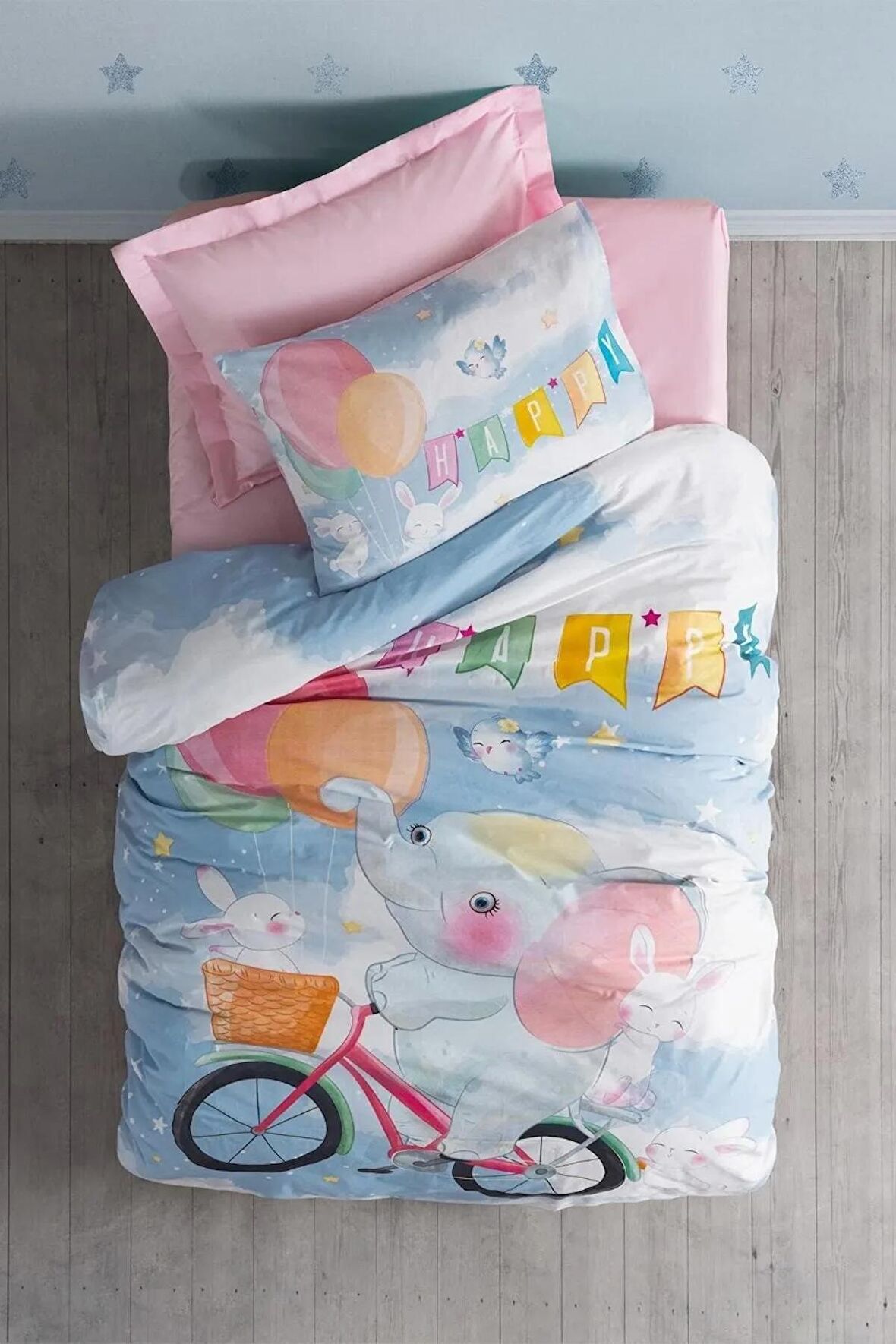 Cotton Box Junior Tek Kişilik Lastikli Çarşaflı Nevresim Takımı Happy Pembe