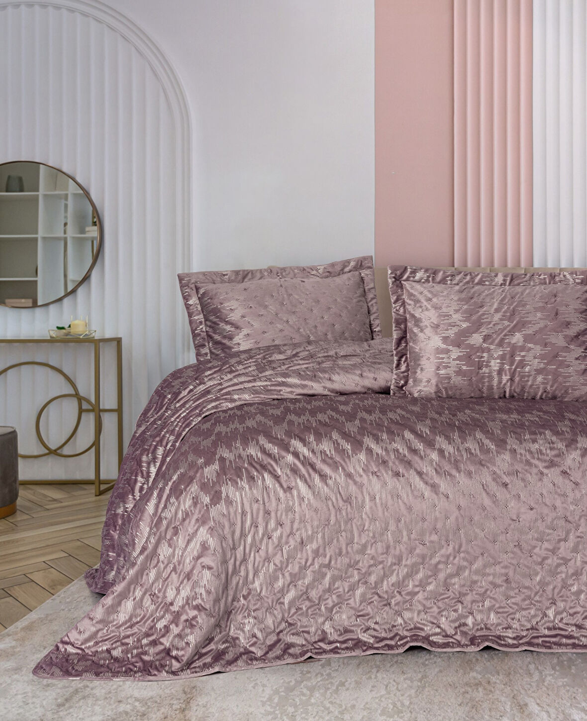 Cotton Box Smart Çift Kişilik Yatak Örtüsü Kadife Varaklı Luz Pudra
