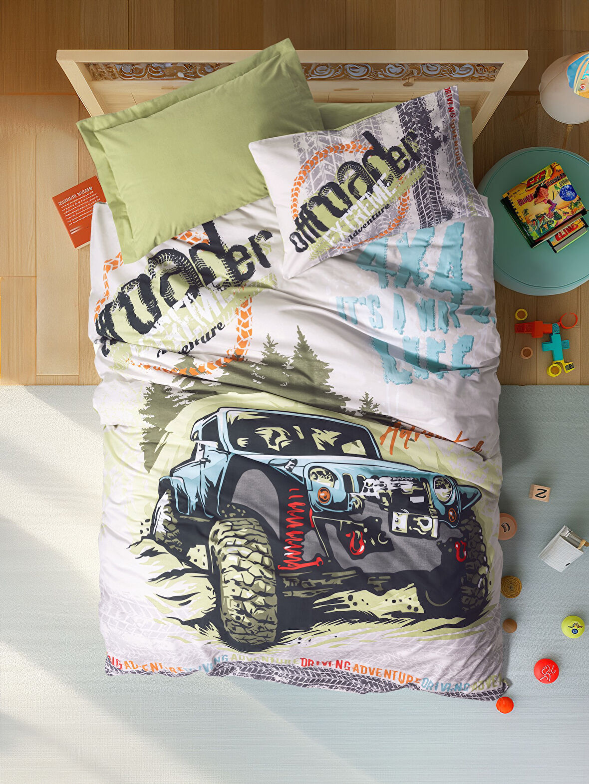 Cotton Box Junior Tek Kişilik Lastikli Çarşaflı Nevresim Takımı Adventure Yeşil