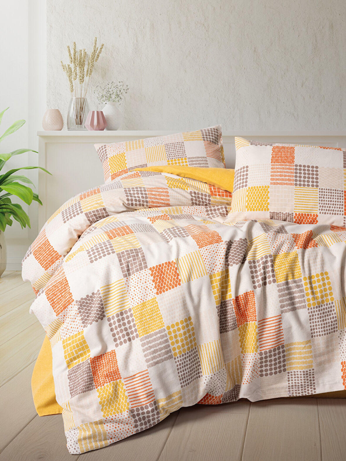 Cotton Box Flanel Tek Kişilik Nevresim Takımı Palm Hardal