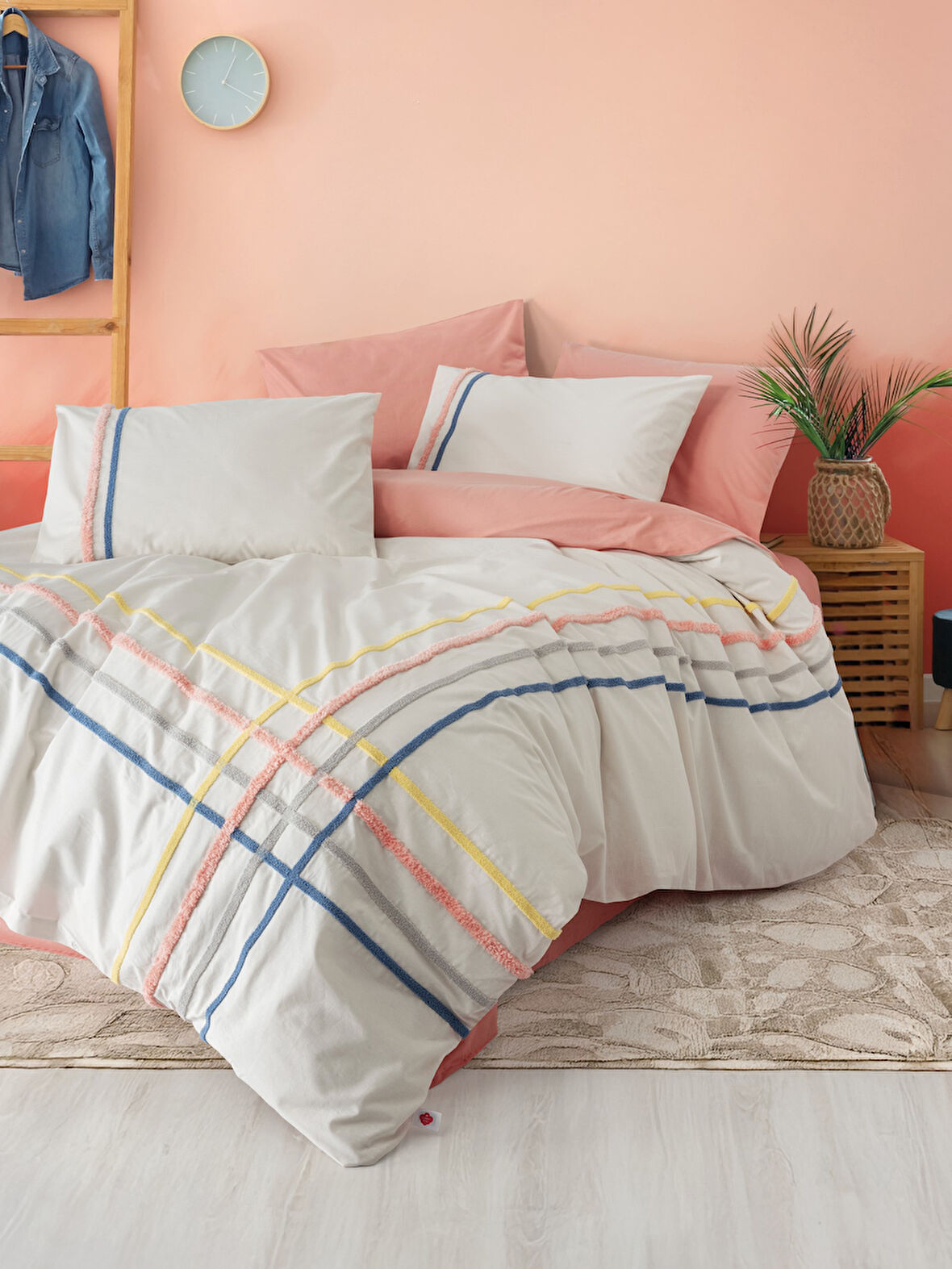 Cotton Box Puff Nakışlı Çift Kişilik Nevresim Takımı Linea Somon