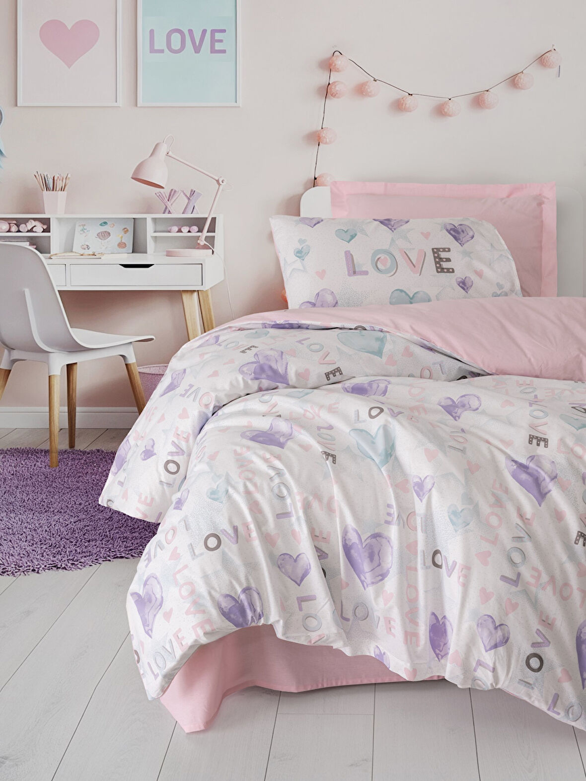 Cotton Box Genç Odası Tek Kişilik Lastikli Çarşaflı Nevresim Takımı Lovella Pembe