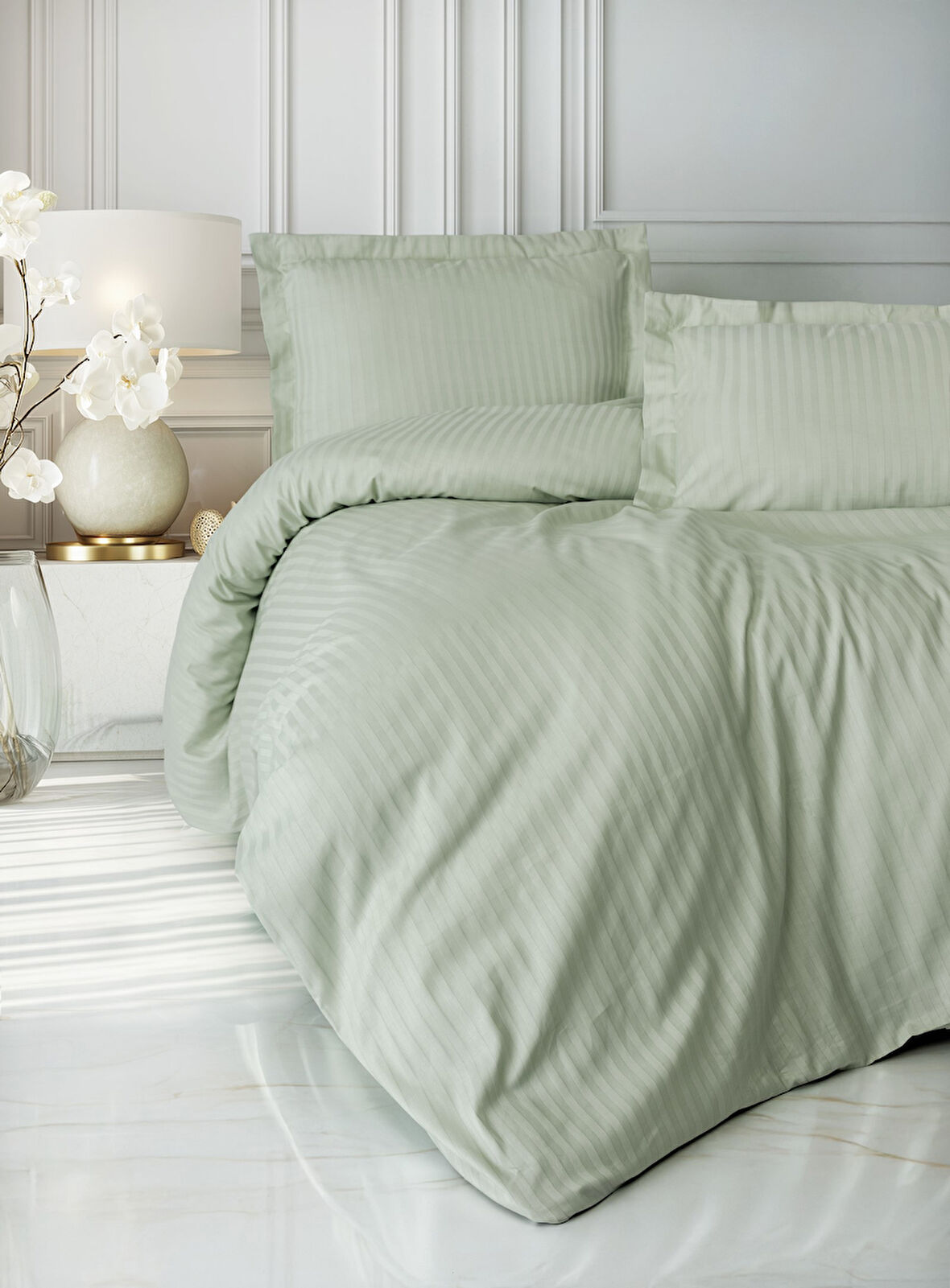 Cotton Box Elegant Stripe Saten Çift Kişilik Nevresim Takımı Adaçayı