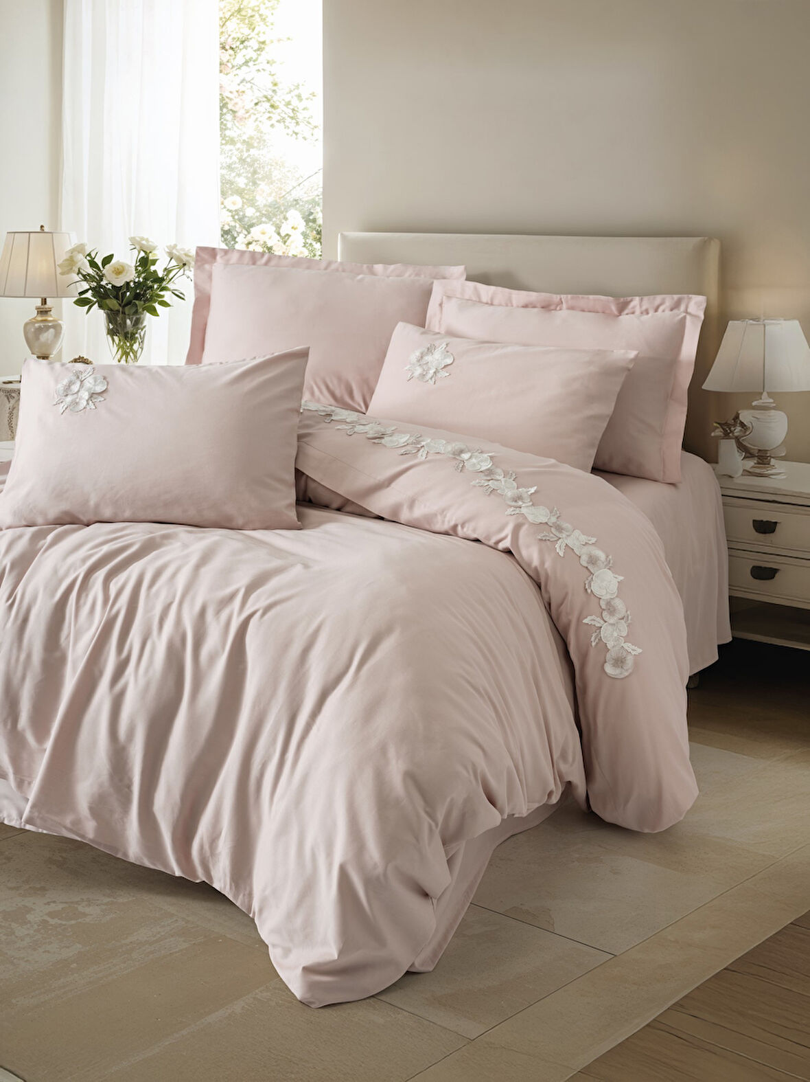 Cotton Box 3D Nakışlı Saten Çift Kişilik Nevresim Takımı Zena Lila