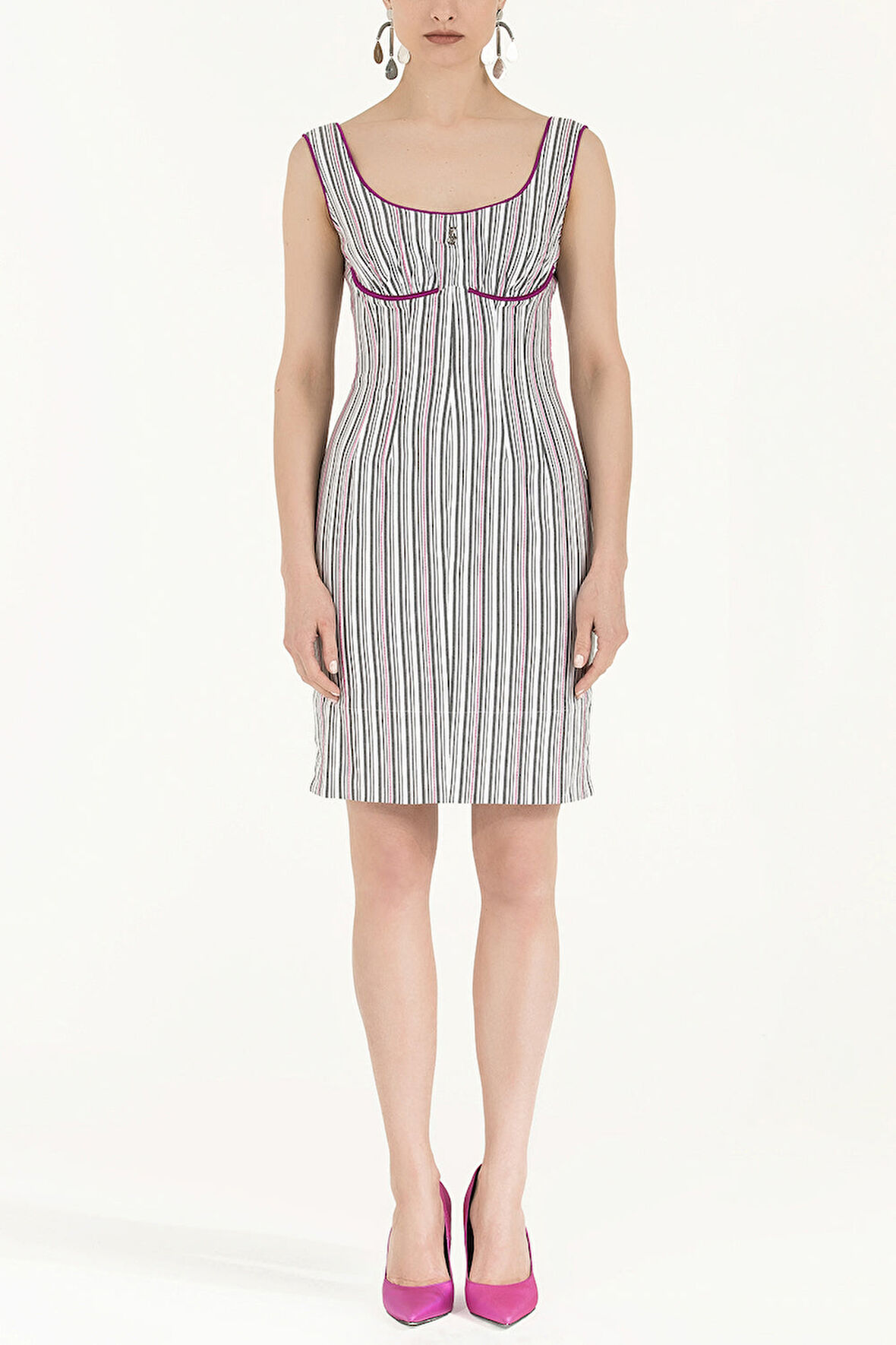 Siyah Beyaz Çizgili pamuk mini elbise 90658 | 42