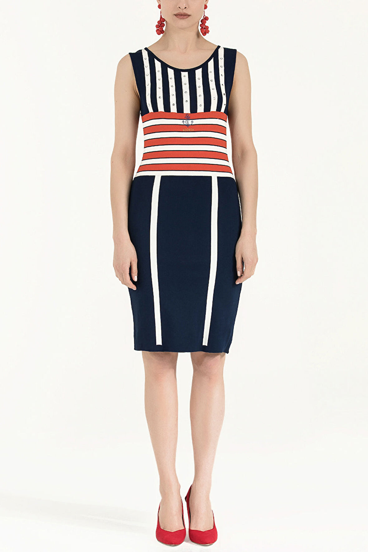 Lacivert Çizgili ve taşlı triko elbise 28032 | 40