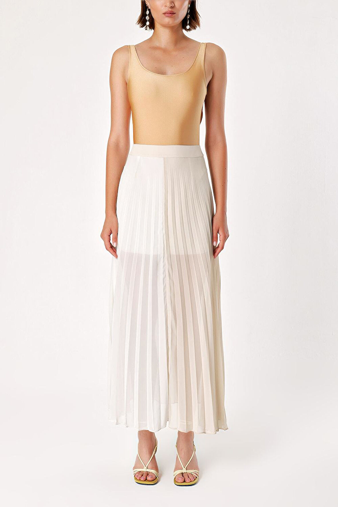 Ekru Bej Pilili fermuarlı uzun etek 80503 | 42