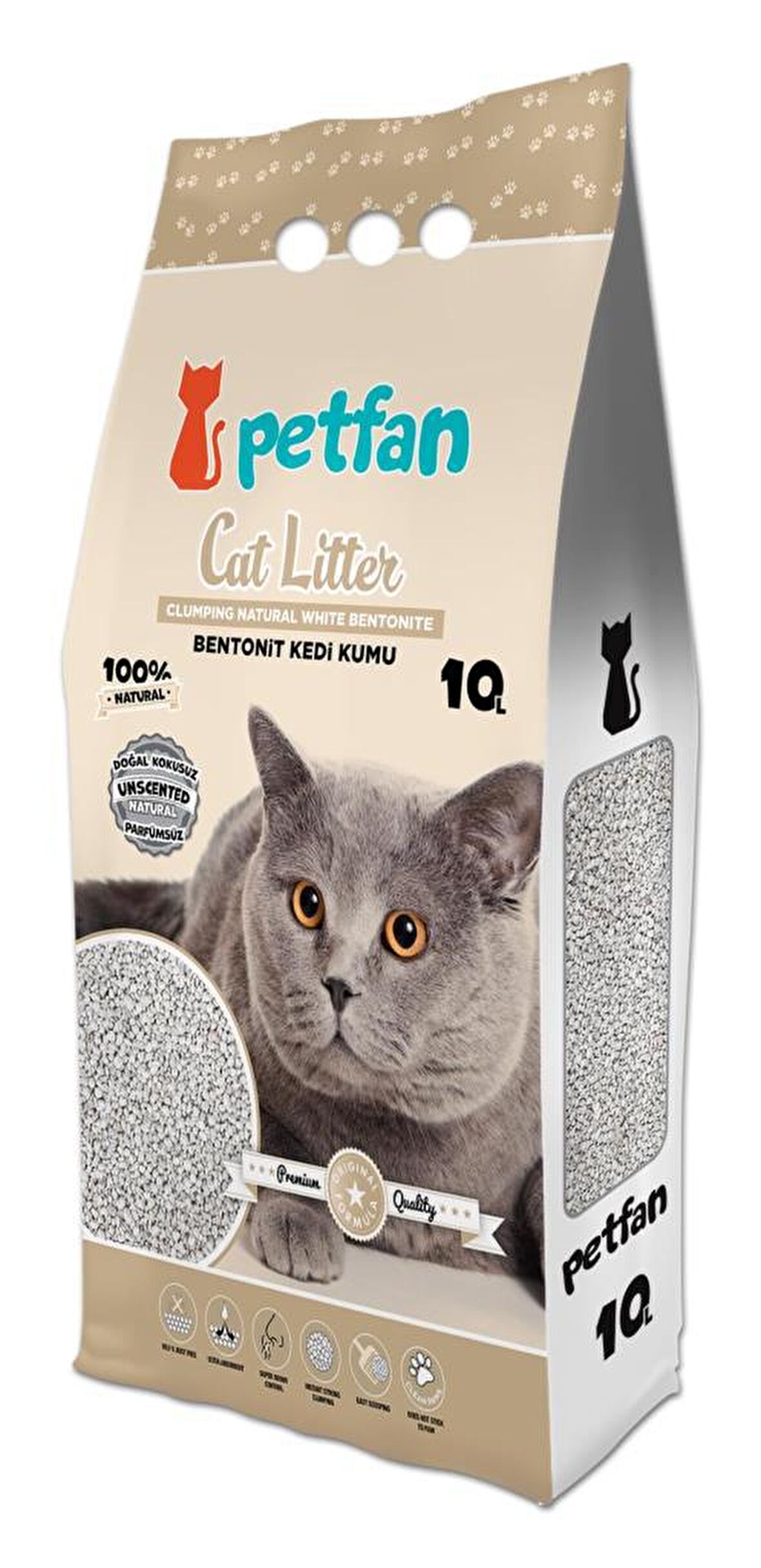 PETFAN 10L NATUREL DOĞAL KOKUSUZ BENTONİT KEDİ KUMU