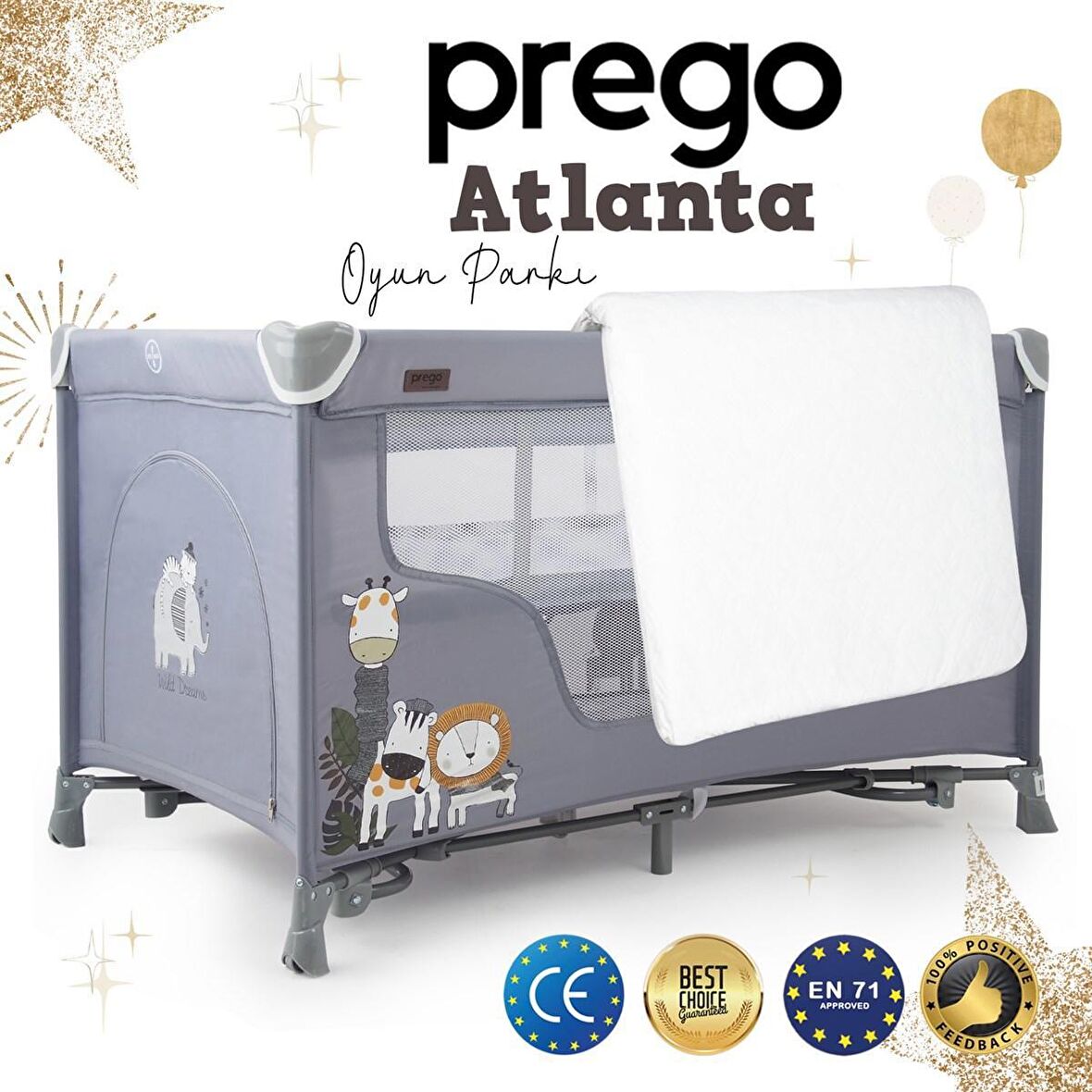 Prego Atlanta Oyun Parkı 70*120 Cm Gri + Yatak Hediyeli