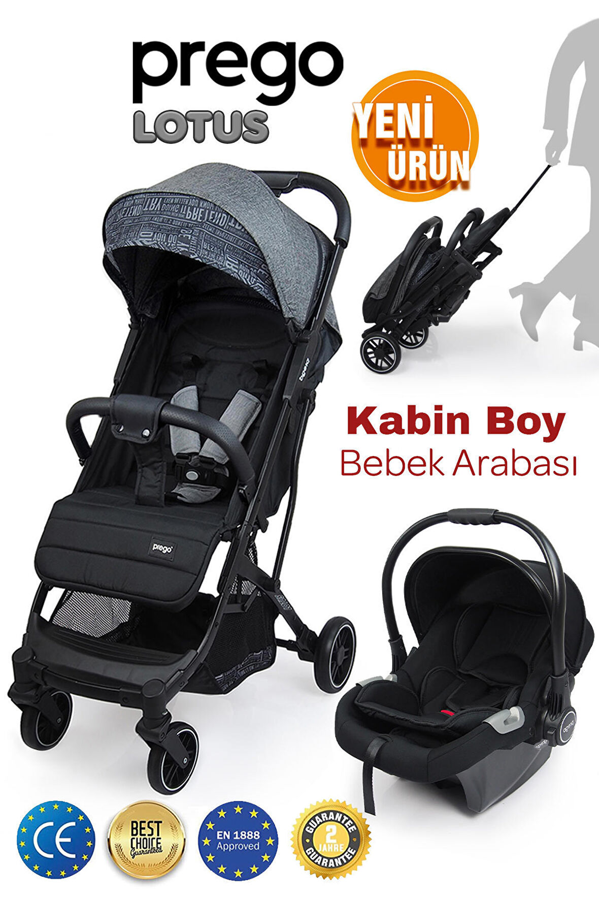 Prego Lotus Katlanabilir Kabin Boy Travel Bebek Arabası Füme 2033