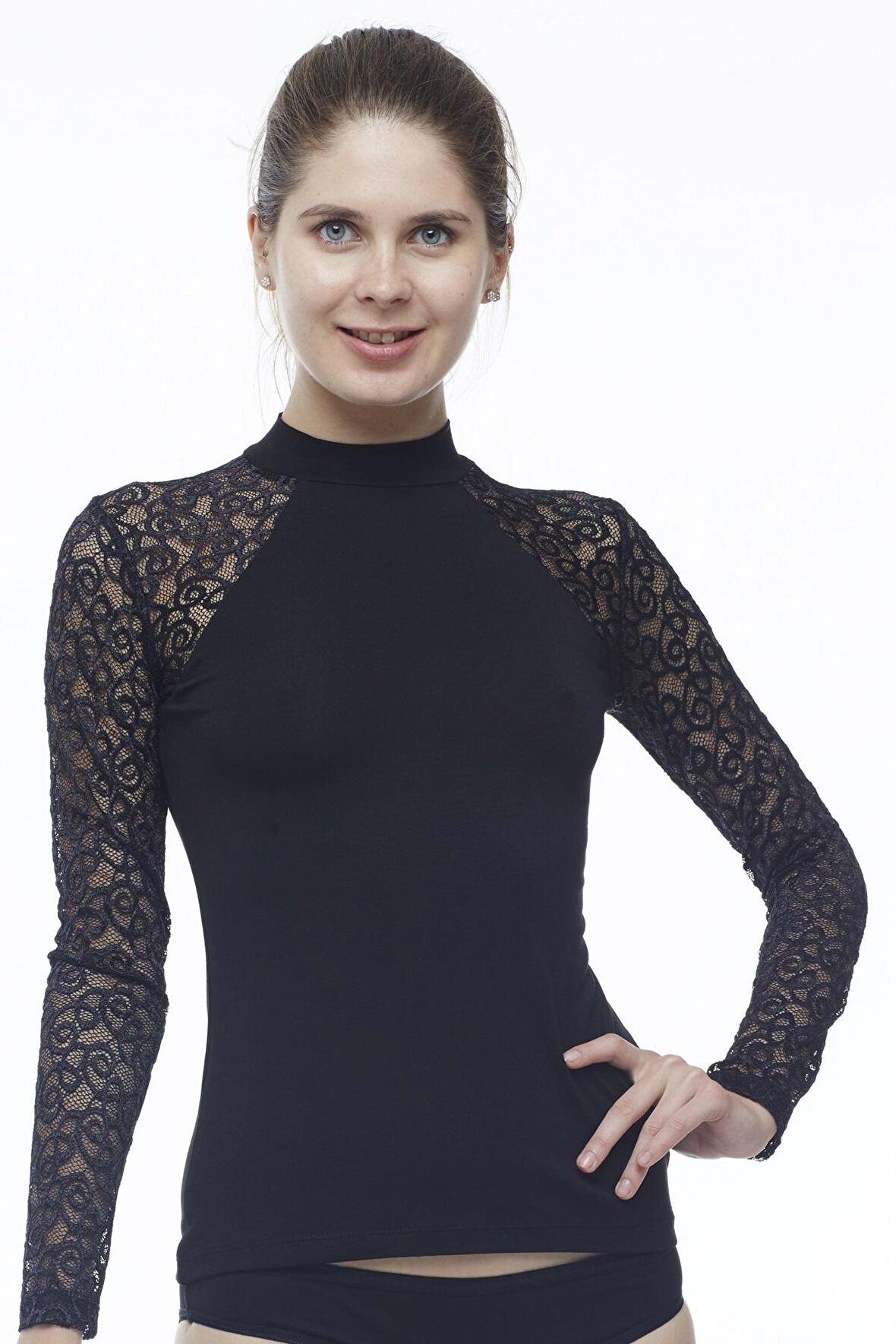 Kadın Modal Uzun Kollu Dantelli̇ Üst Likralı Tişört - 2228