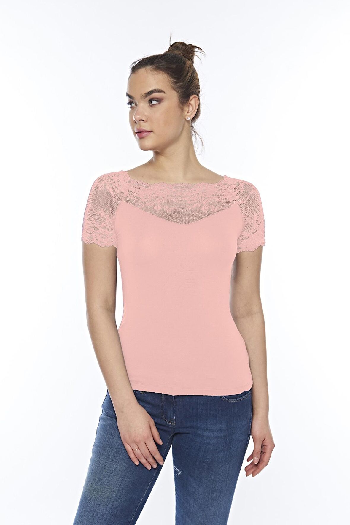 Kadın Modal Dantelli̇ Kısa Kollu Üst Likralı Tişört - 2281