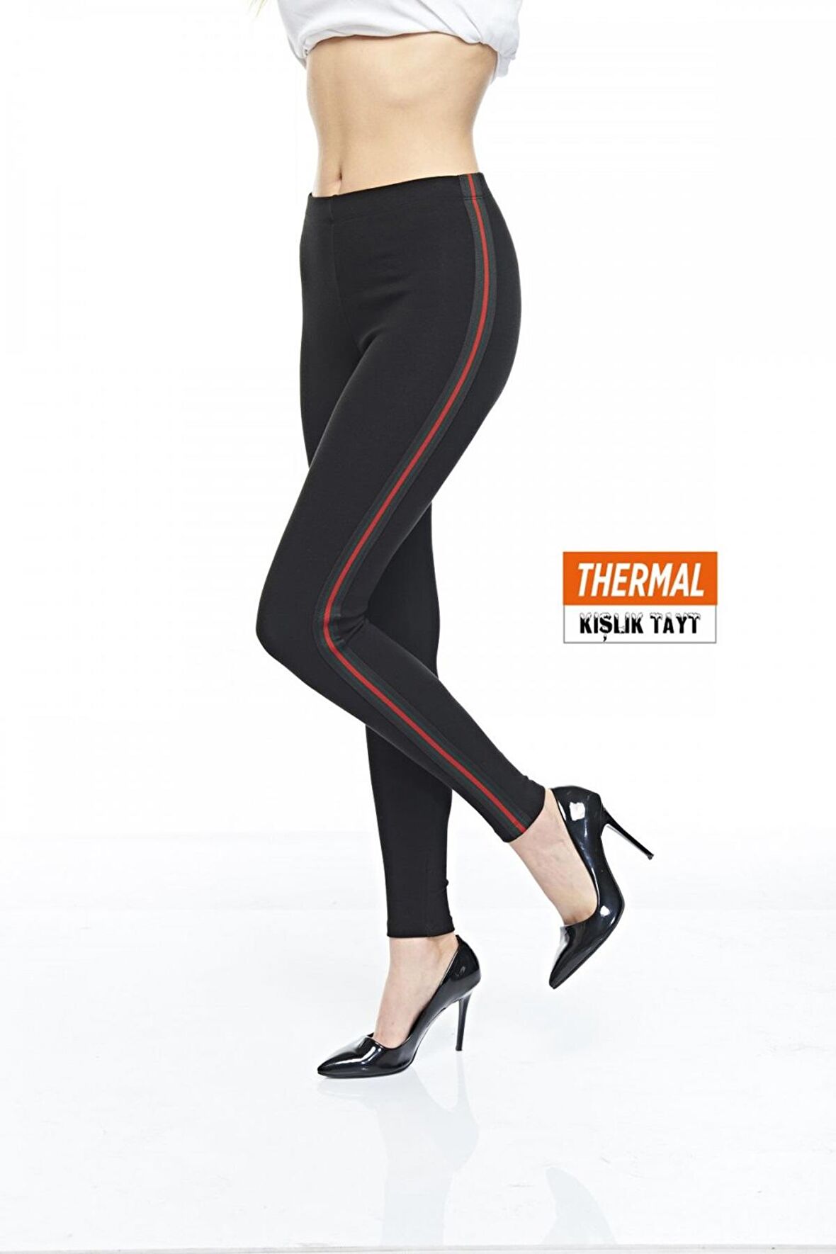 Kadın Pamuklu Yana Çi̇zgi̇li̇ Kışlık Si̇yah Termal Tayt - 4886