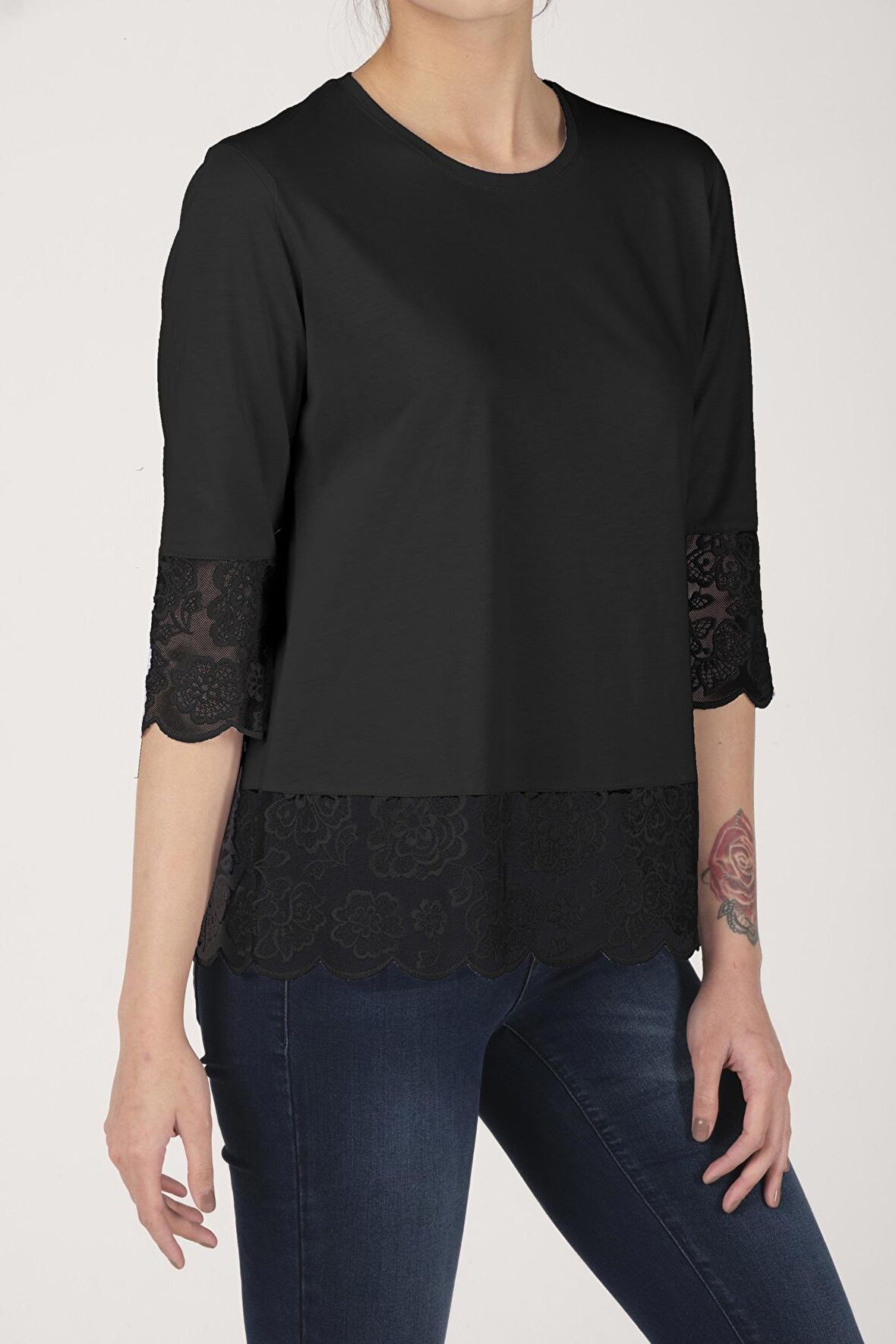 Kadın Pamuklu Modal Yeti̇m Kol Üst Comfort Fi̇t Güpürlü Tişört - 2414 