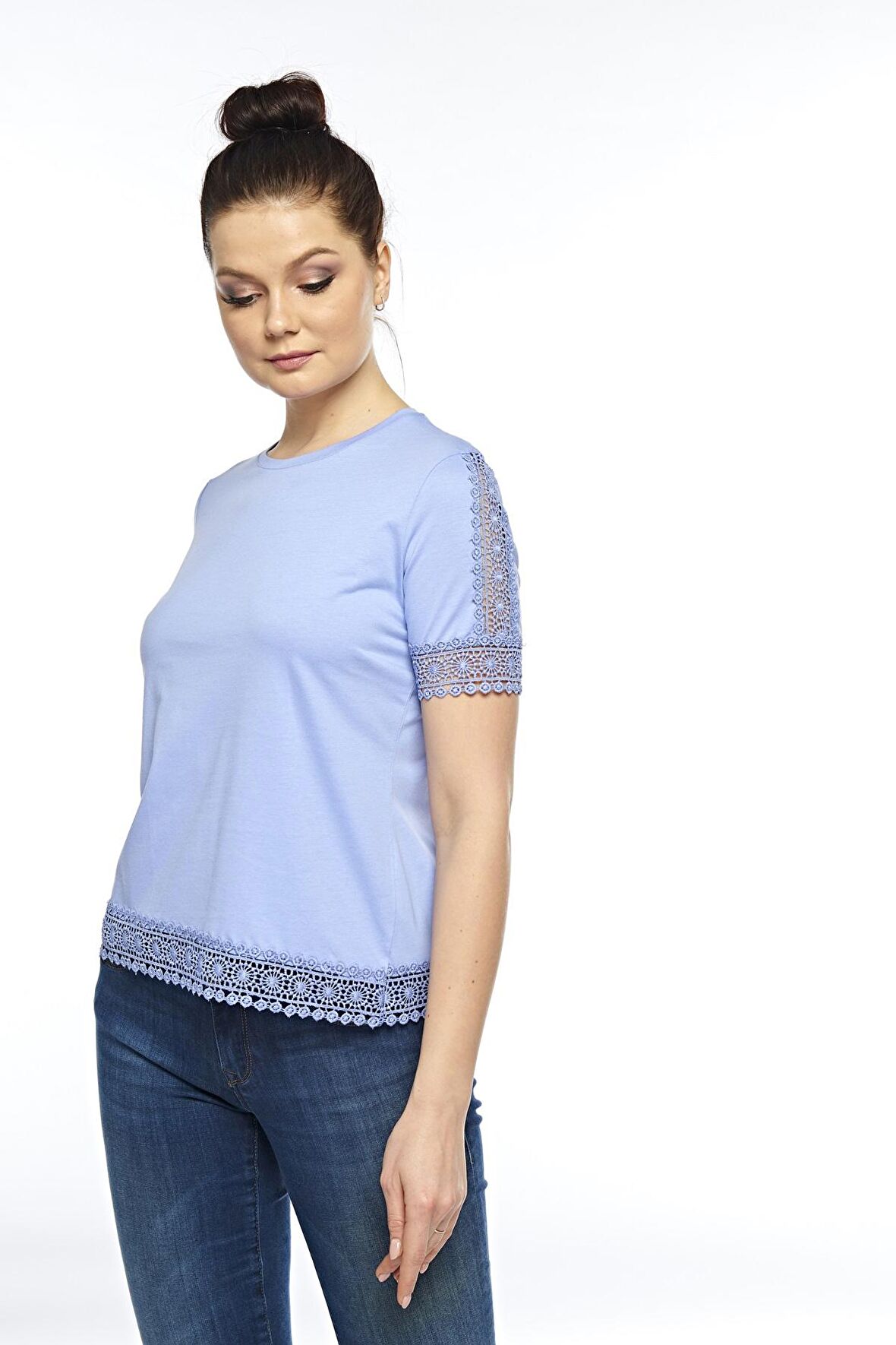 Kadın Pamuklu Modal Kısa Kollu Üst Comfort Fi̇t Güpürlü Tişört - 2416