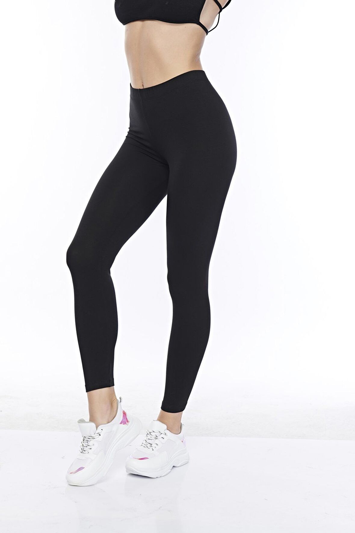 Kadın Pamuklu Modal Bilek Boy Orta Yüksek Bel Siyah Tayt - 4011 - 4060