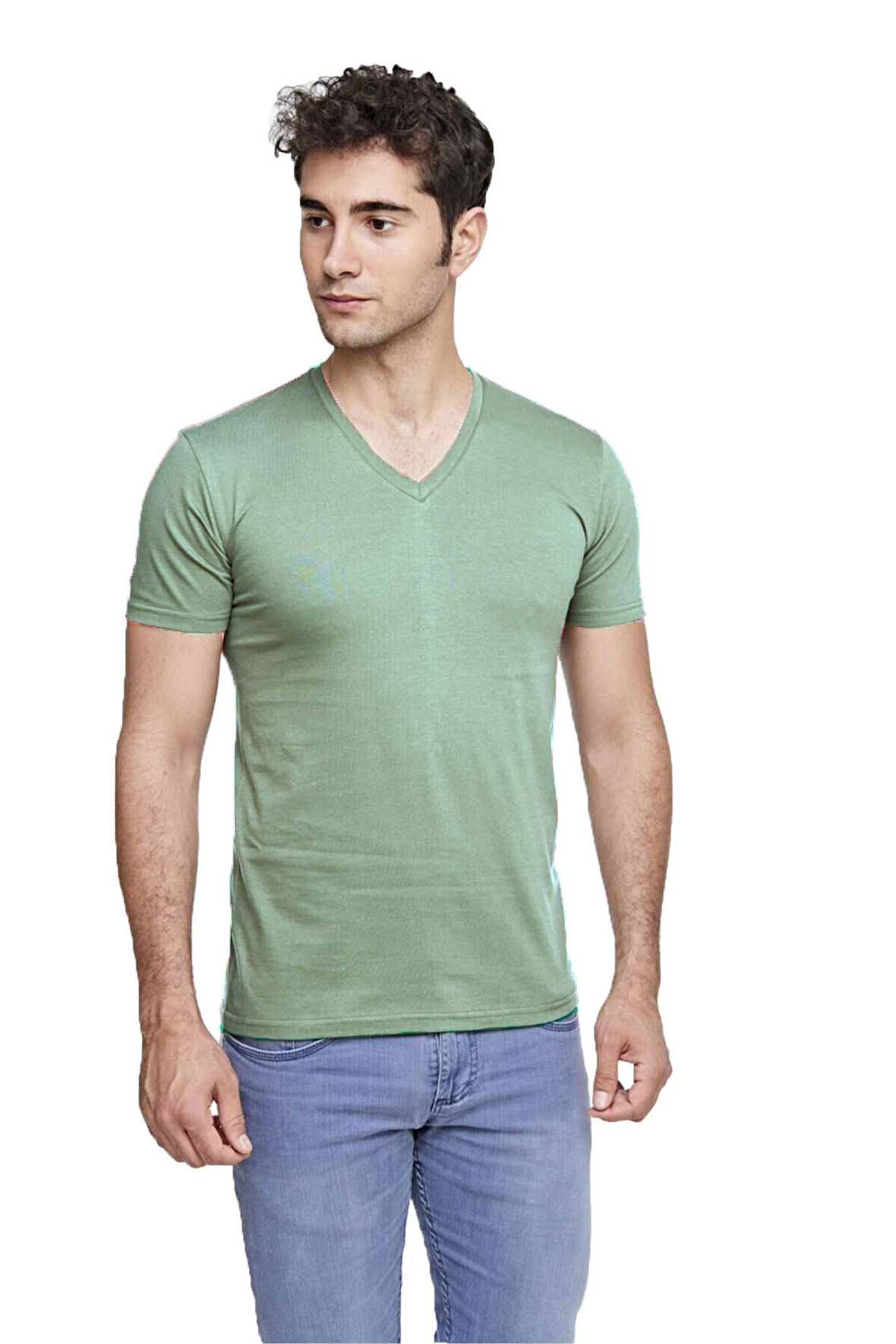 ERKEK PAMUKLU V-YAKA COMFORT FİT KISA KOLLU RENKLİ TİŞÖRT DENİZ YEŞİLİ – 422