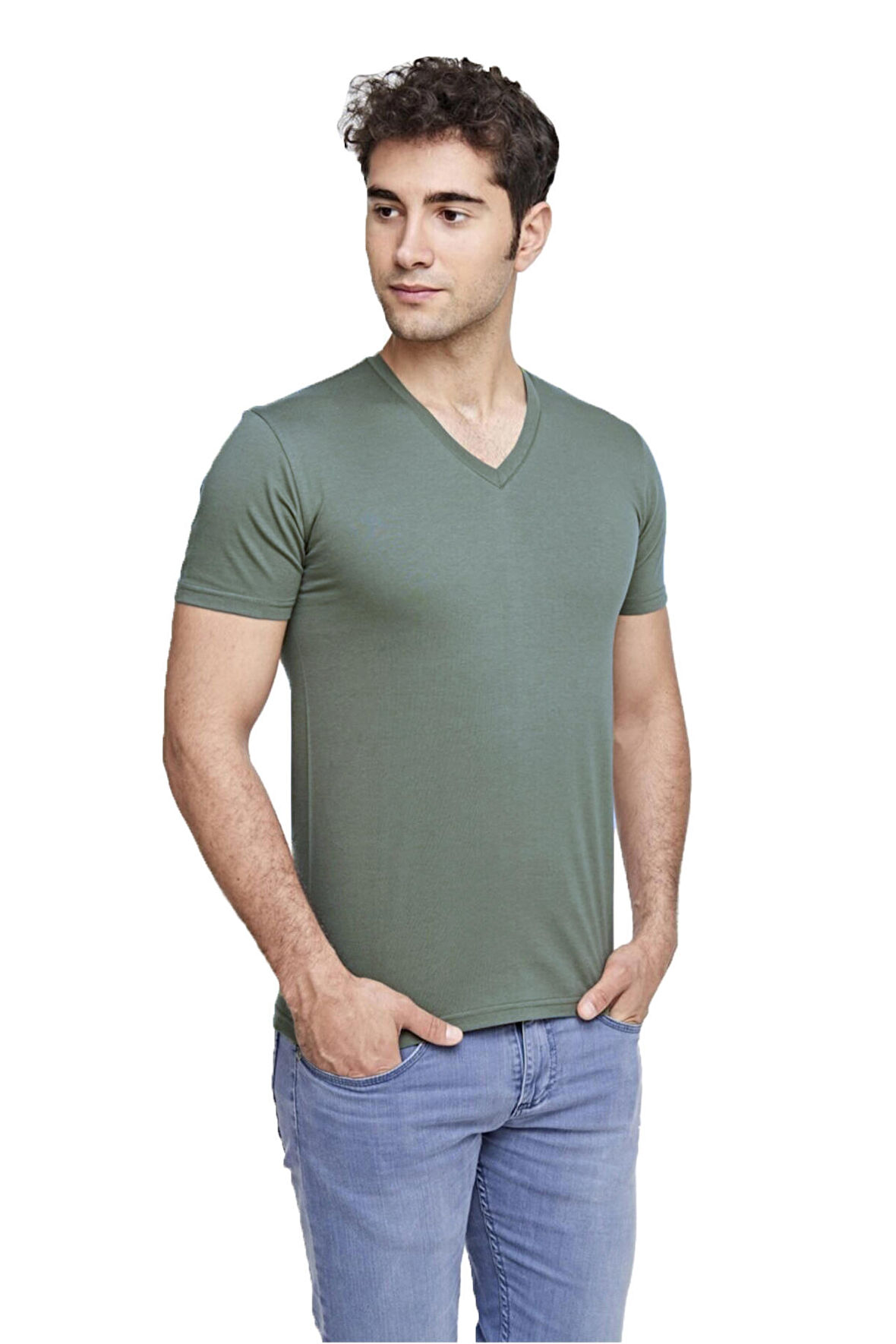 ERKEK PAMUKLU V-YAKA COMFORT FİT KISA KOLLU RENKLİ TİŞÖRT SAGA YEŞİLİ – 422
