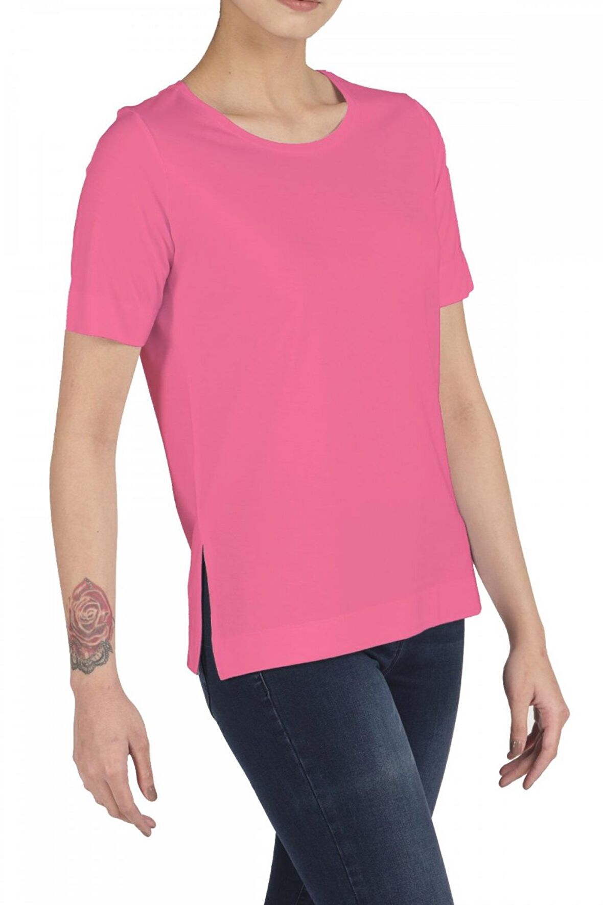 Kadın Pamuklu Modal Yırtmaçlı Comfort Fit Kısa Kollu Tişört - 2405