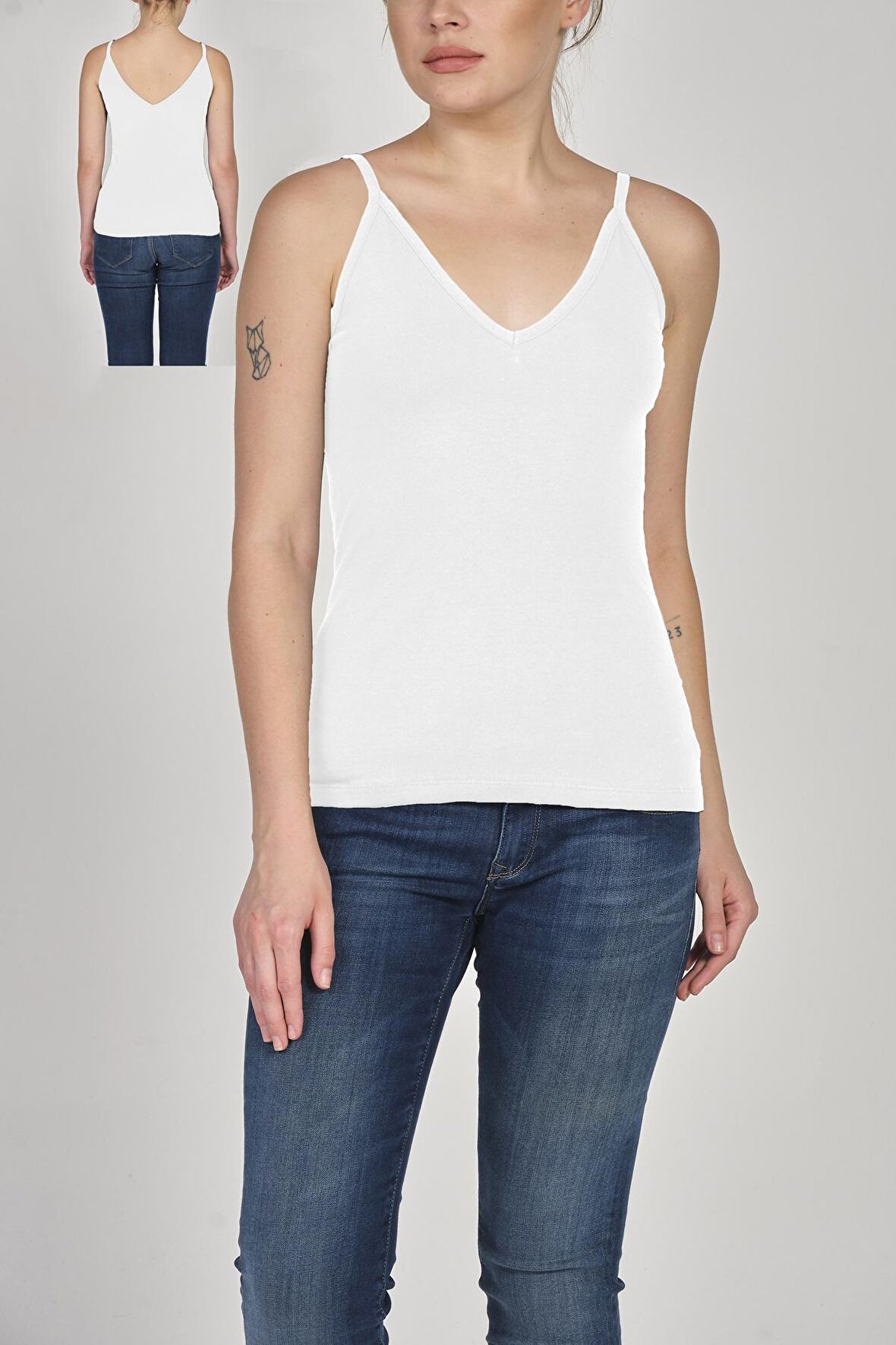 Kadın Pamuklu İp Askılı V-yaka Arkası Açık Likralı Üst 2'Lİ - 2293