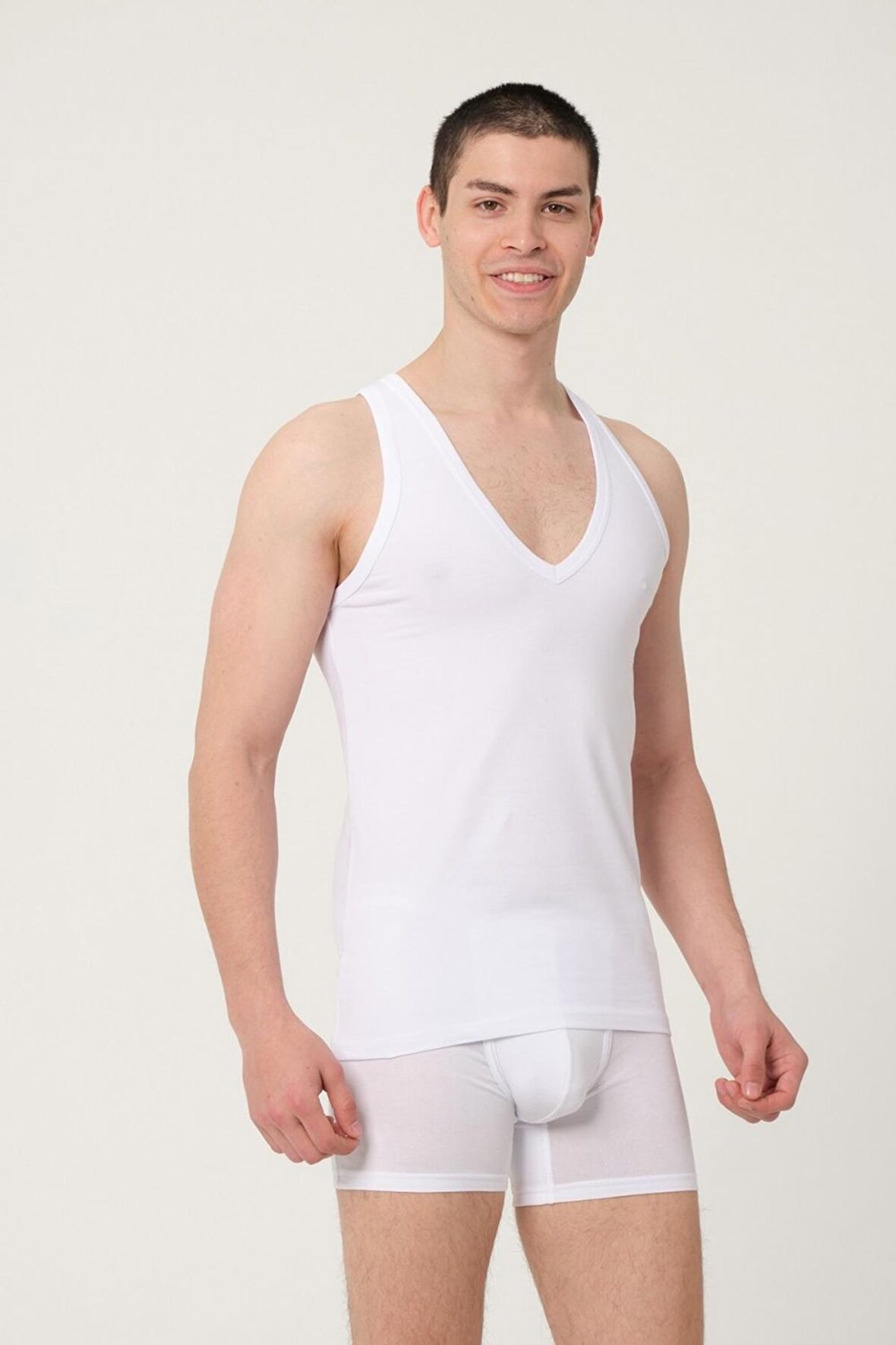 ERKEK PAMUKLU SÜPREM PENYE SLİM FİT  DERİN V-YAKA SPORCU LİKRALI ATLET 2'Lİ -1009