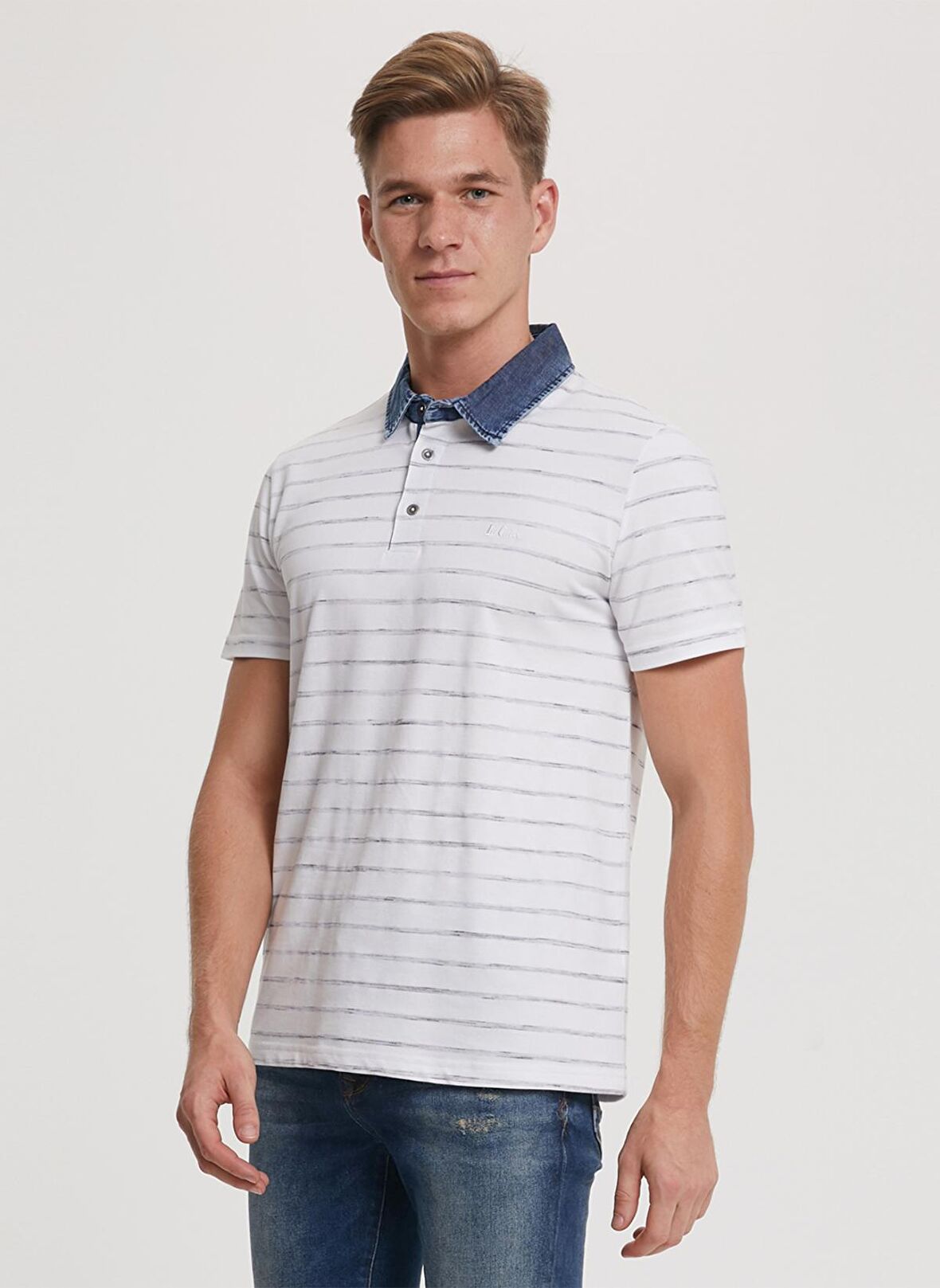 Lee Cooper Polo Yaka Kısa Kollu Çizgili Beyaz Erkek T-Shirt