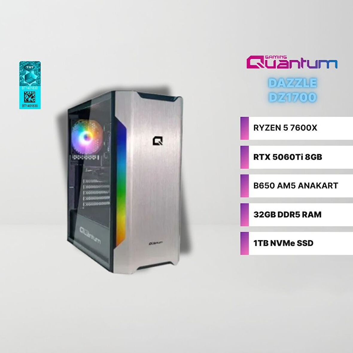 Quantum Gaming Dazzle DZ1700 AMD Ryzen 5 7600X 32GB DDR5 1TB NVMe SSD RTX5060Ti 8GB Freedos Masaüstü Oyun Bilgisayarı