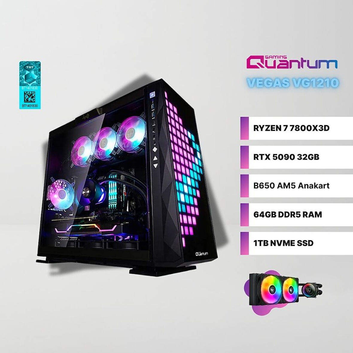 Quantum Gaming Vegas VG1200 AMD Ryzen 7 7800X3D 64GB DDR5 1TB NVMe RTX 5090 32GB Sıvı Soğutmalı Gaming Masaüstü