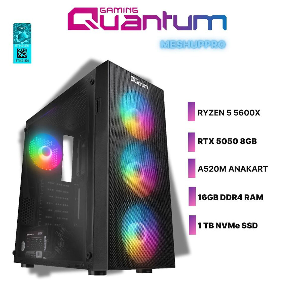 Quantum Gaming MeshupPro EV1810 Ryzen 5 5600X 16GB DDR4 1TB NVMe RTX5050 8GB Oyuncu Masaüstü Bilgisayarı